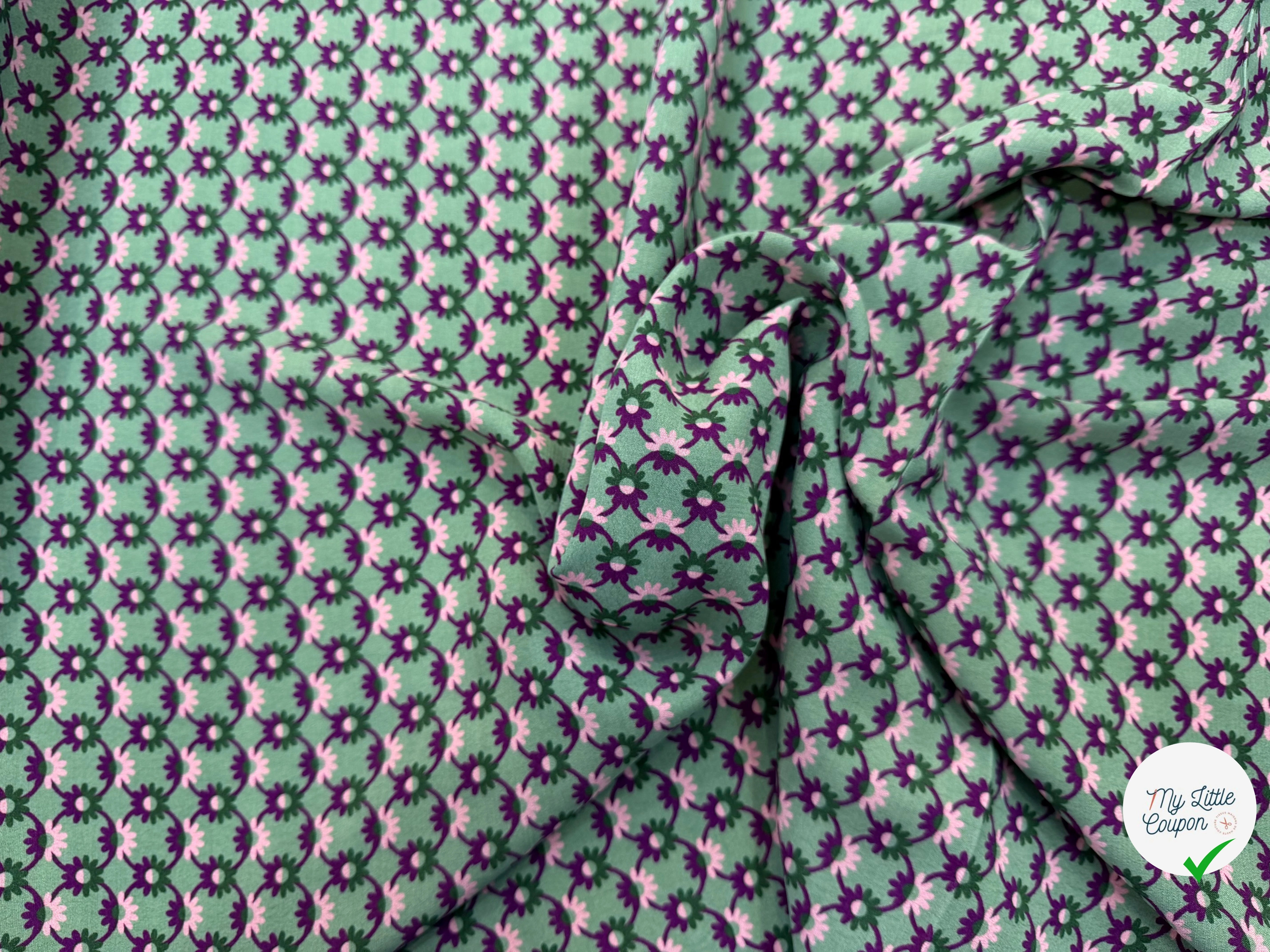 CREPE MAROCAIN 100% VISCOSE COMO PREMIUM VERT FLEURS VIOLETTES - My Little Coupon