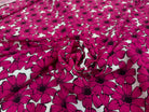 CREPE MAROCAIN VISCOSE FOND BLANC MOTIFS FLEURS DU BONHEUR JAPON ROSE FUSHIA - My Little Coupon