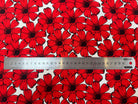 CREPE MAROCAIN VISCOSE FOND BLANC MOTIFS FLEURS DU BONHEUR JAPON ROUGE - My Little Coupon