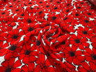 CREPE MAROCAIN VISCOSE FOND BLANC MOTIFS FLEURS DU BONHEUR JAPON ROUGE - My Little Coupon