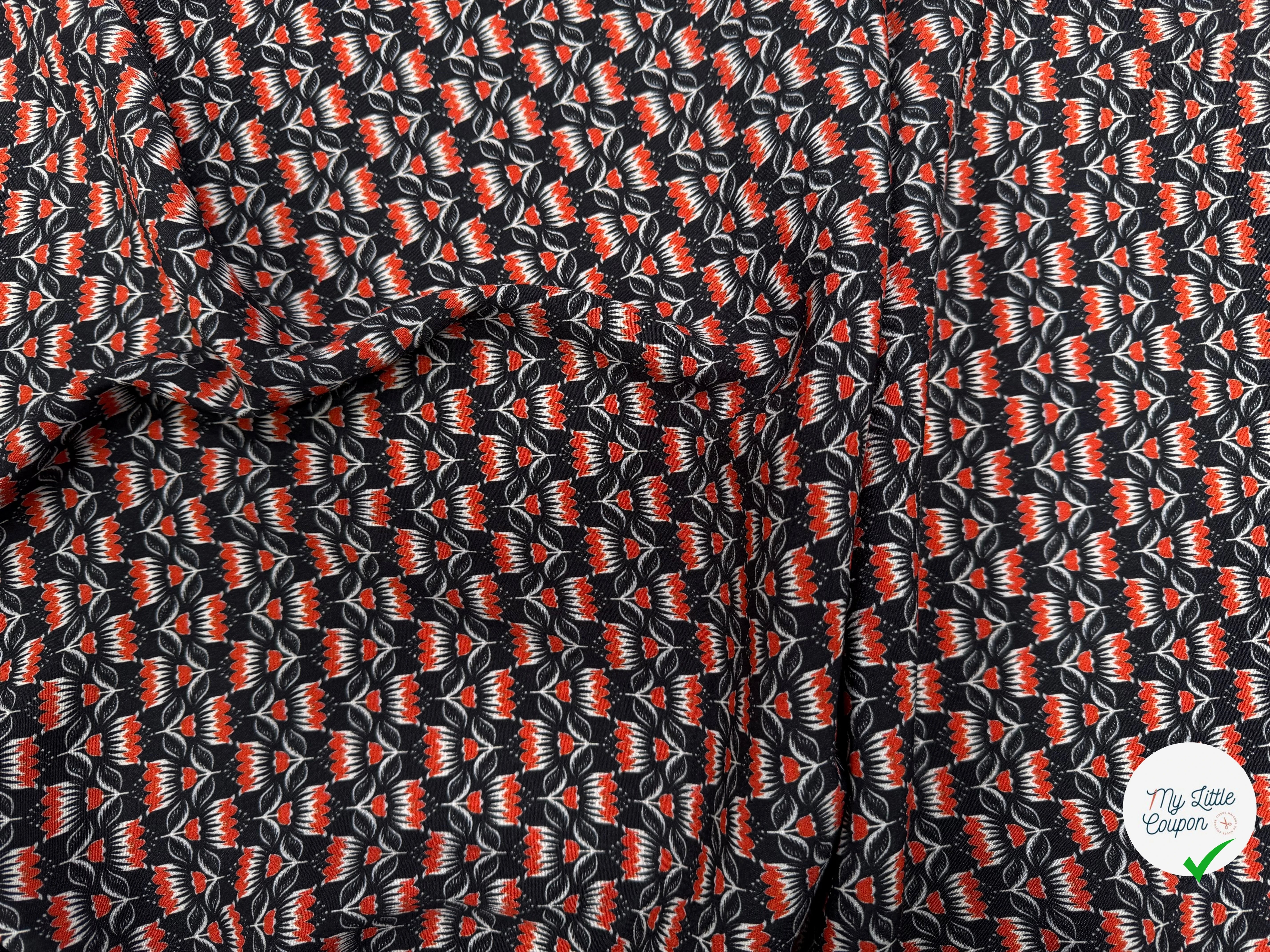 CREPE MAROCAIN VISCOSE QUALITÉ COMO NOIR FLORALIE ORANGE - My Little Coupon