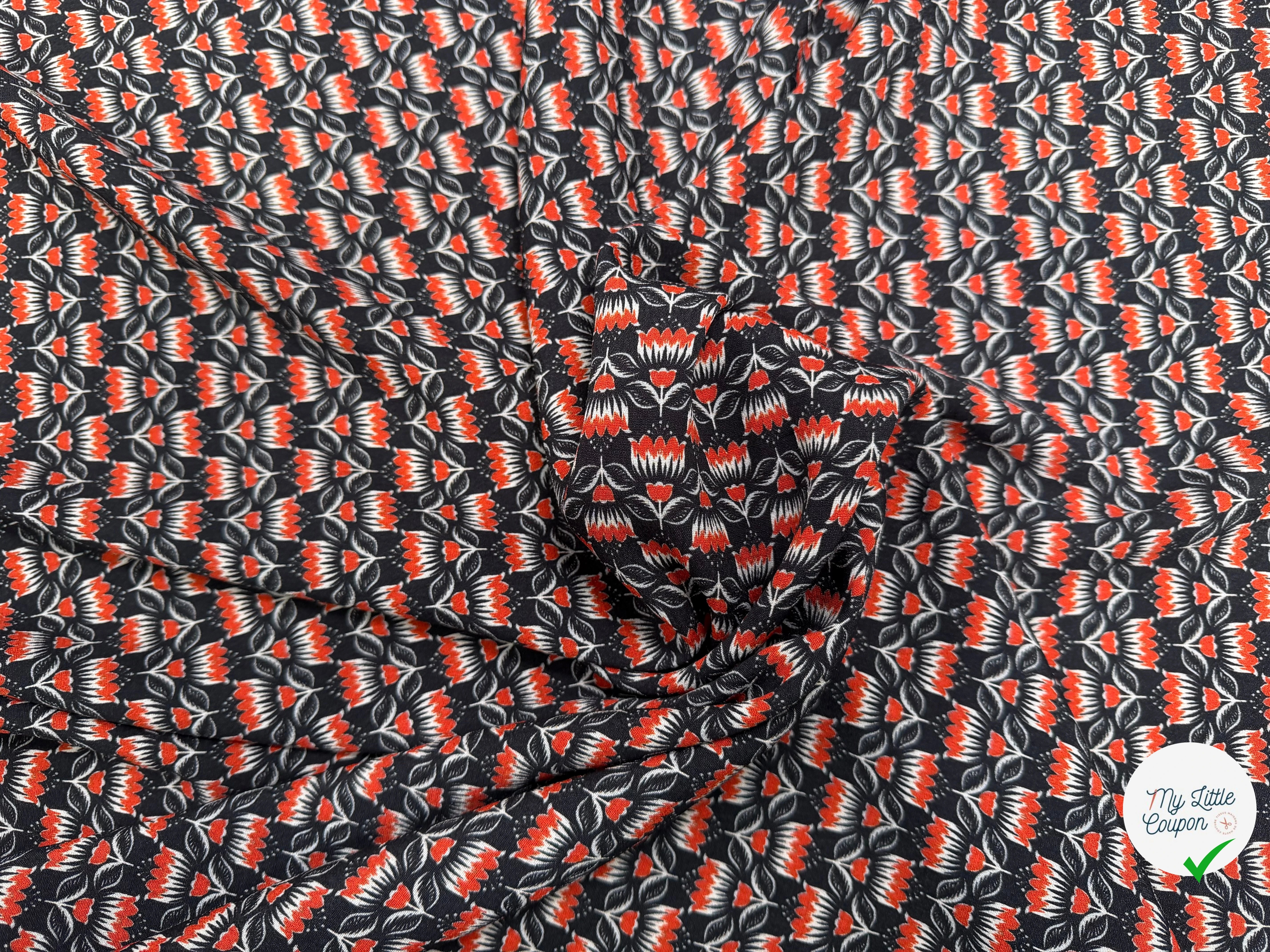 CREPE MAROCAIN VISCOSE QUALITÉ COMO NOIR FLORALIE ORANGE - My Little Coupon