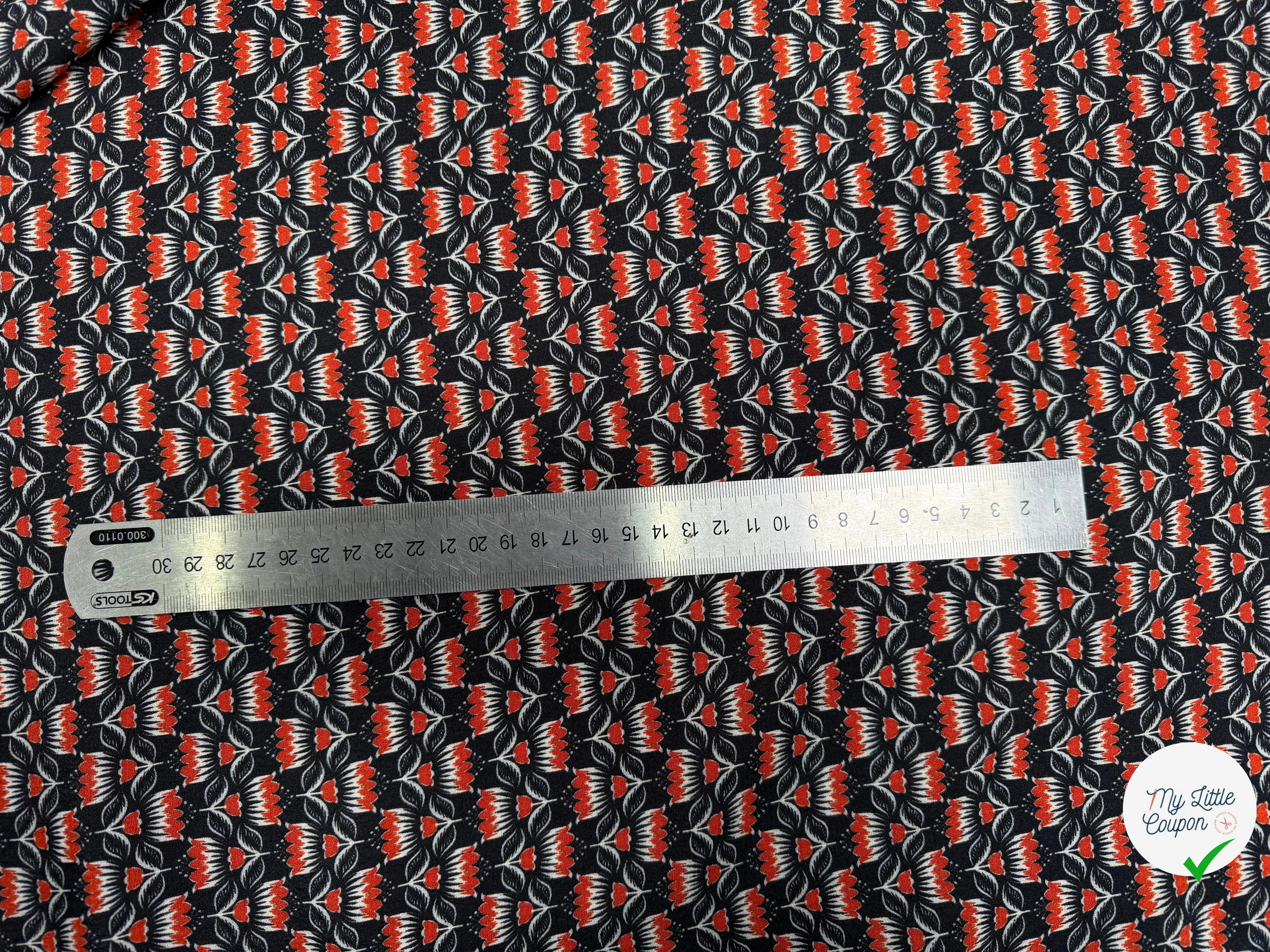 CREPE MAROCAIN VISCOSE QUALITÉ COMO NOIR FLORALIE ORANGE - My Little Coupon