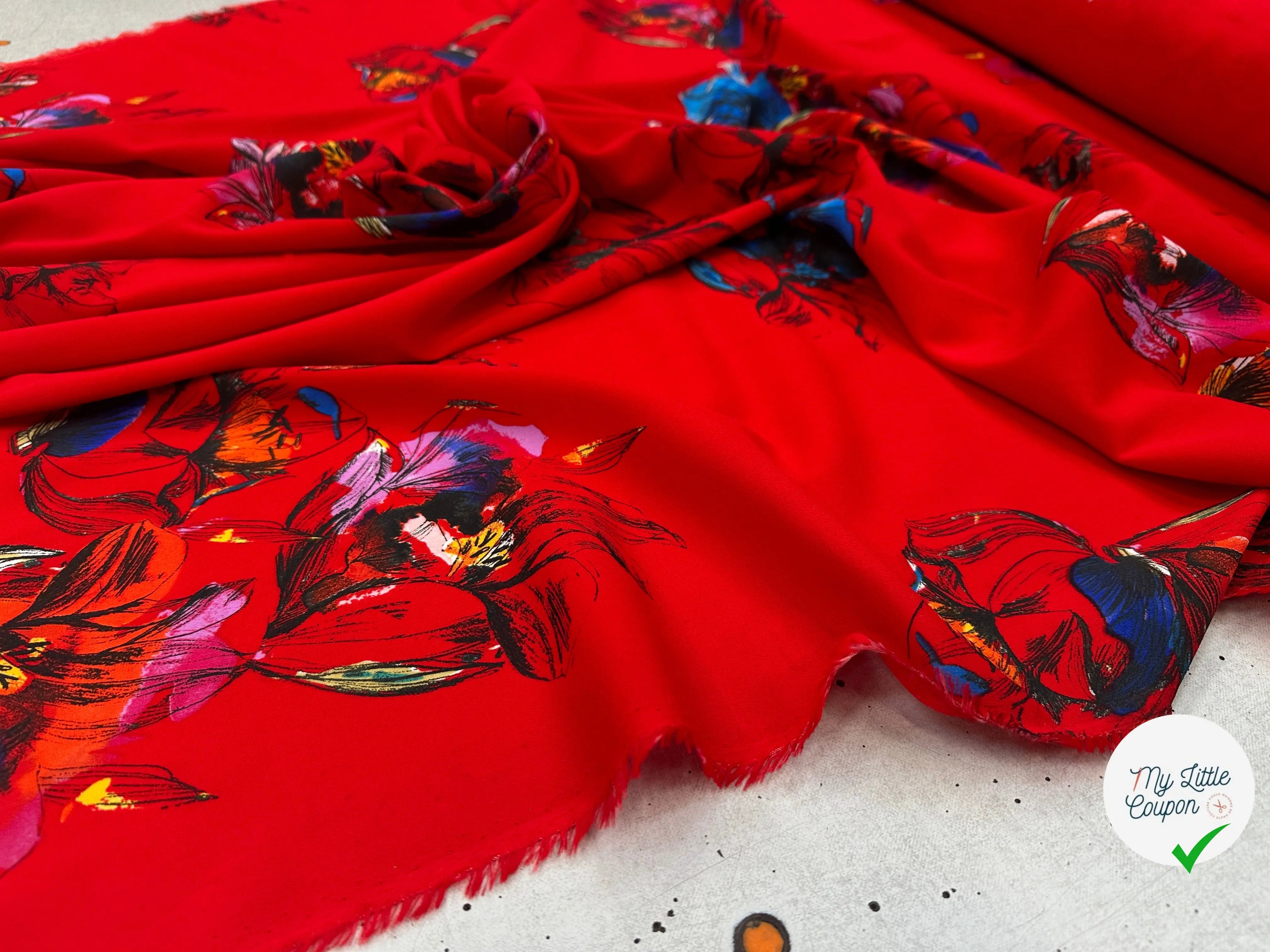 CREPE MAROCAIN VISCOSE ROUGE PAPILLONS & FLEURS MLC INTERN