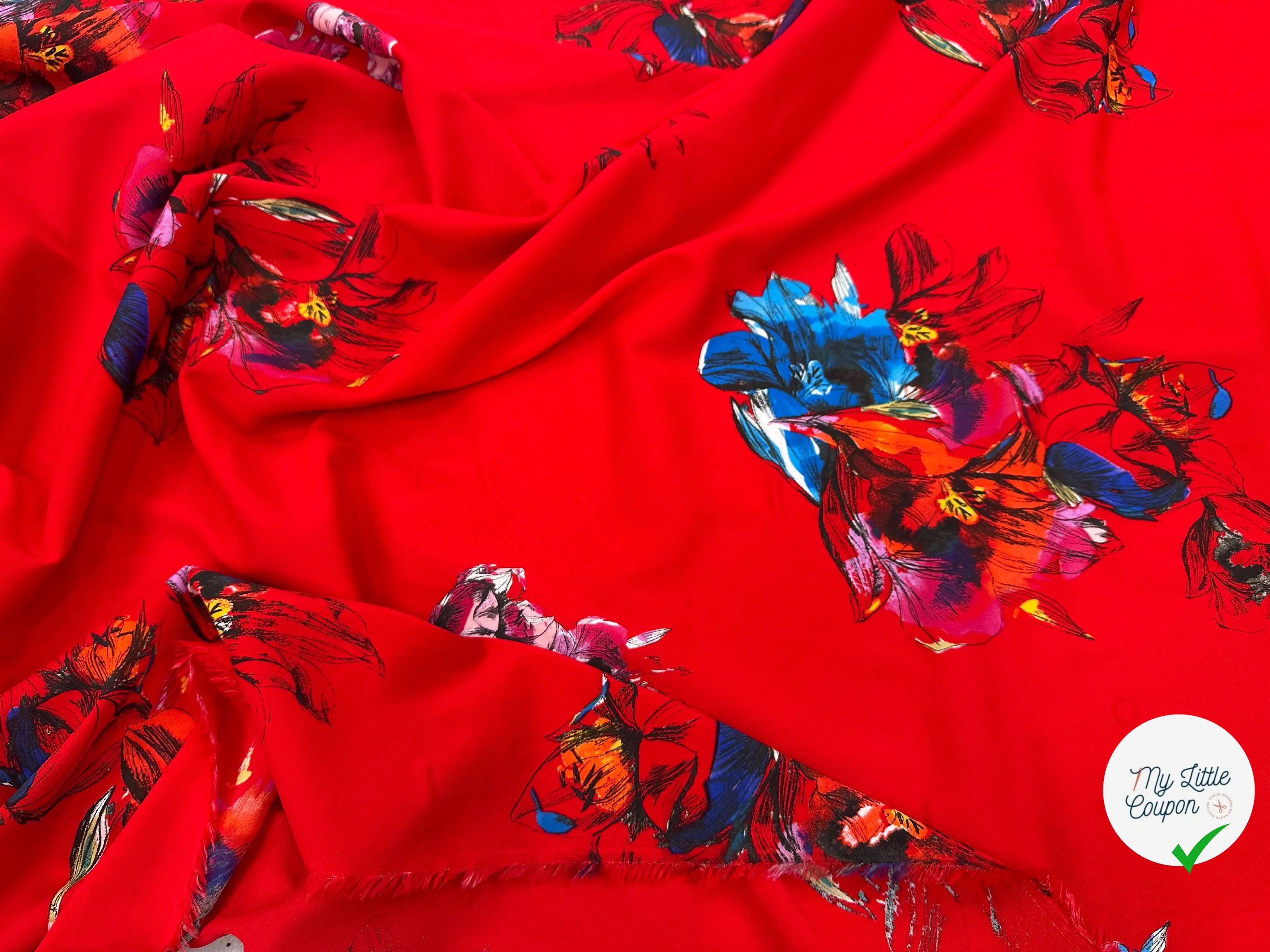 CREPE MAROCAIN VISCOSE ROUGE PAPILLONS & FLEURS MLC INTERN