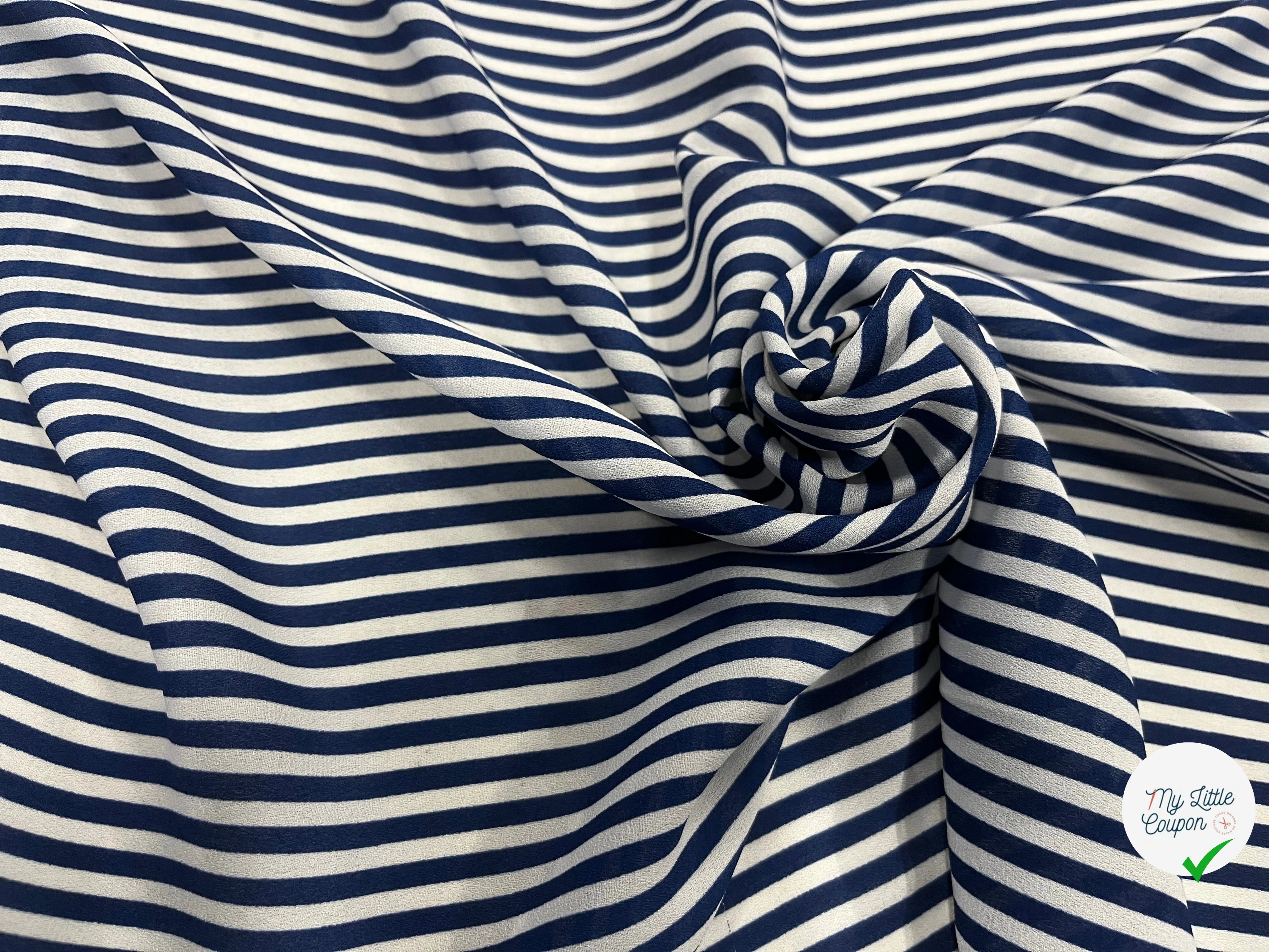 CREPE POLYESTER À RAYURES BLEU BLANCHE - My Little Coupon