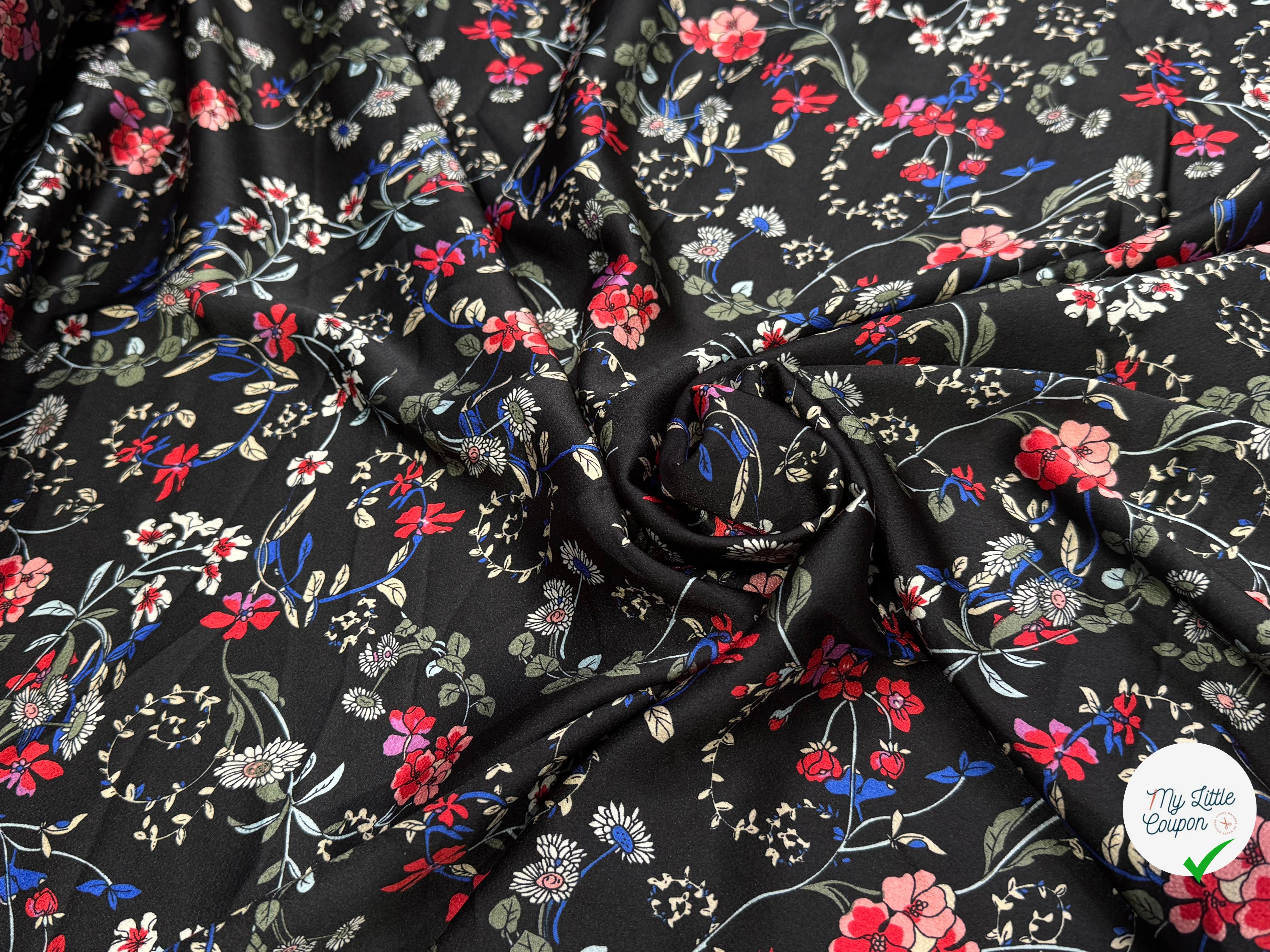 CREPE SATINÉ JOLIES FLEURS MULTICOLORS ROSE KAKI&BLEU - My Little Coupon