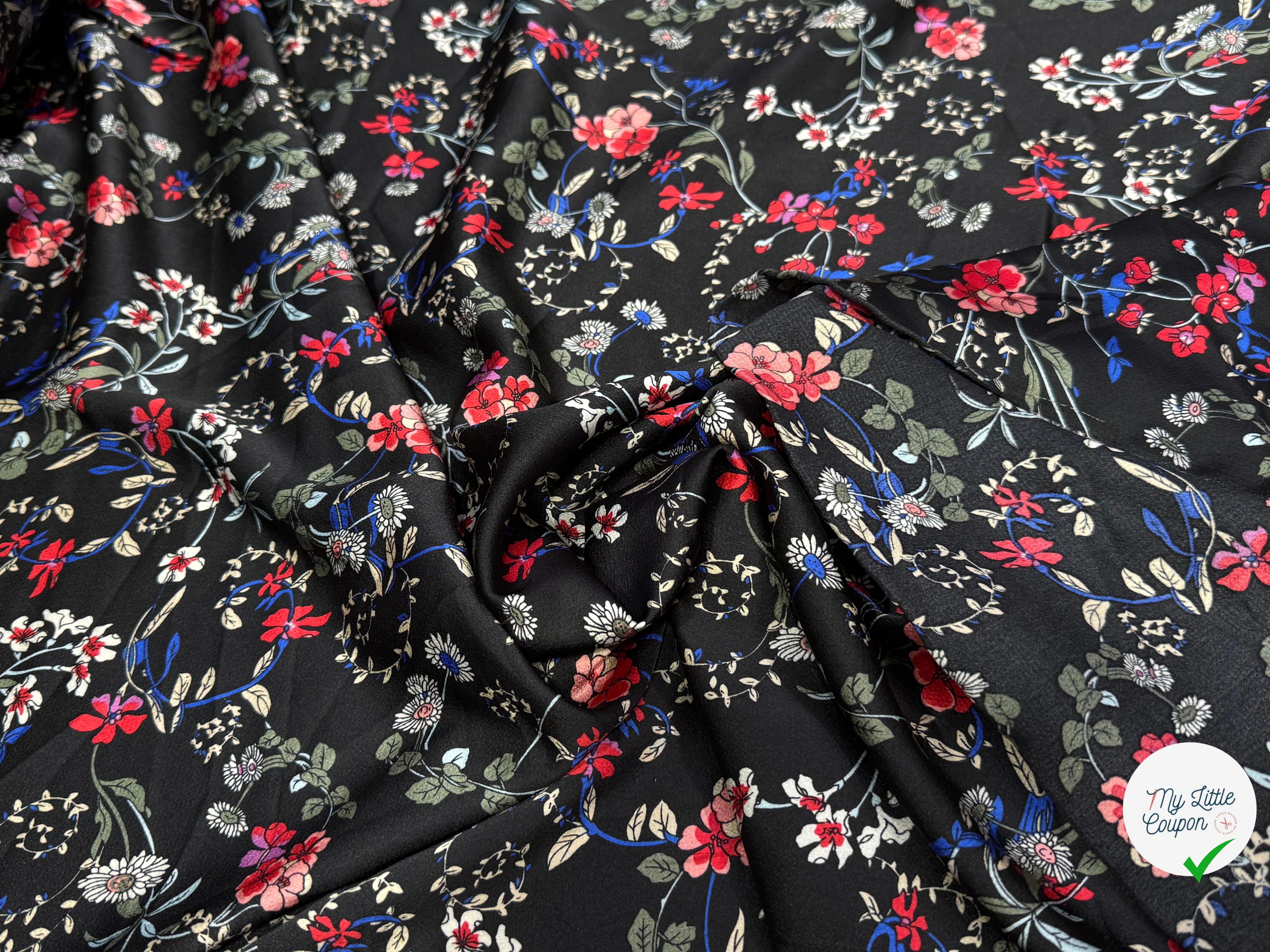 CREPE SATINÉ JOLIES FLEURS MULTICOLORS ROSE KAKI&BLEU - My Little Coupon