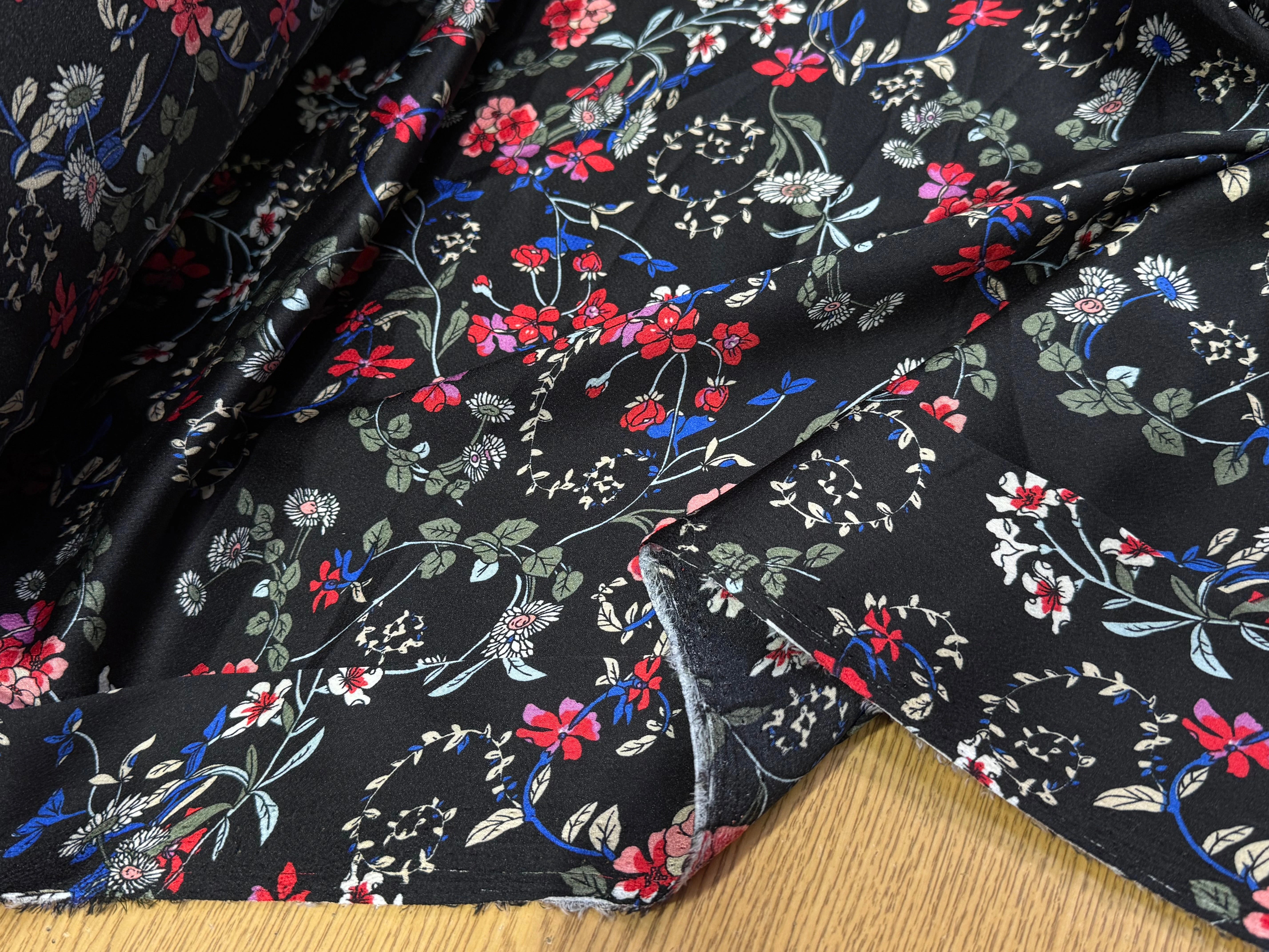 CREPE SATINÉ JOLIES FLEURS MULTICOLORS ROSE KAKI&BLEU - My Little Coupon