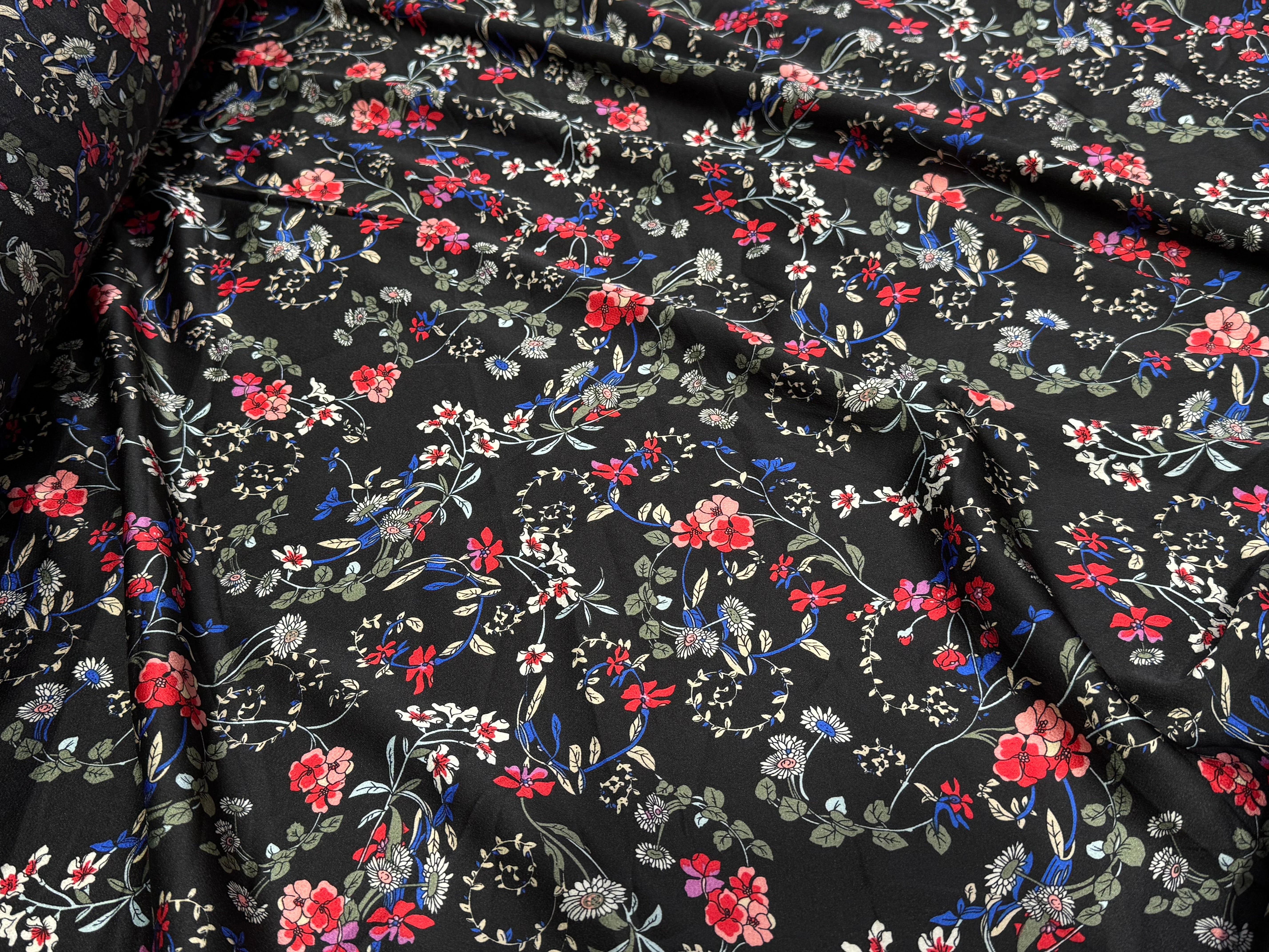 CREPE SATINÉ JOLIES FLEURS MULTICOLORS ROSE KAKI&BLEU - My Little Coupon