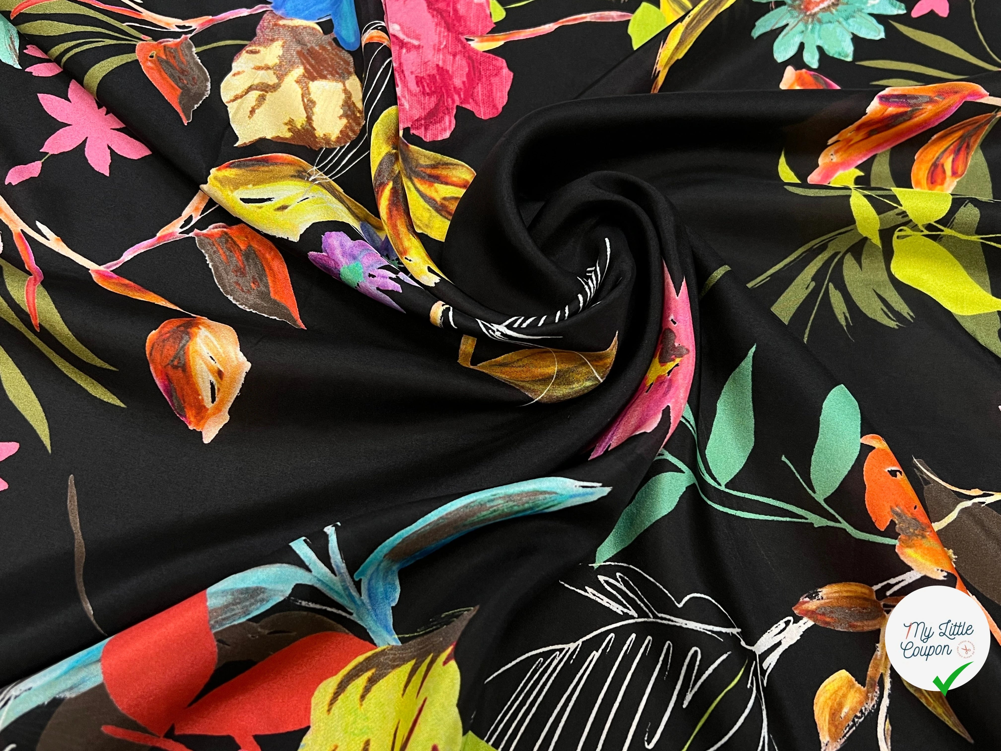 CREPE SOIE IMPRIMÉ GROSSES FLEURS MULTICOLORES - My Little Coupon