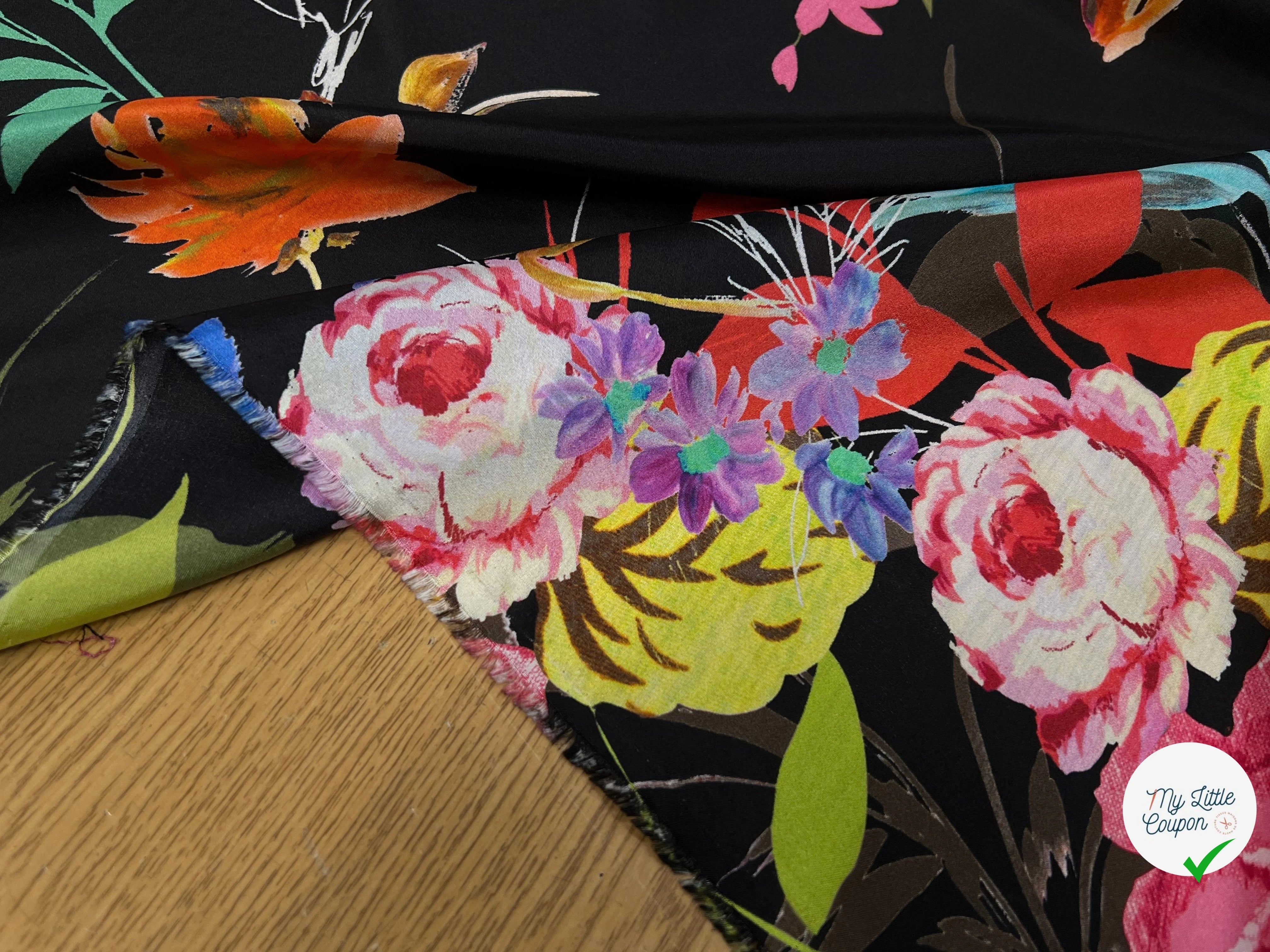 CREPE SOIE IMPRIMÉ GROSSES FLEURS MULTICOLORES - My Little Coupon
