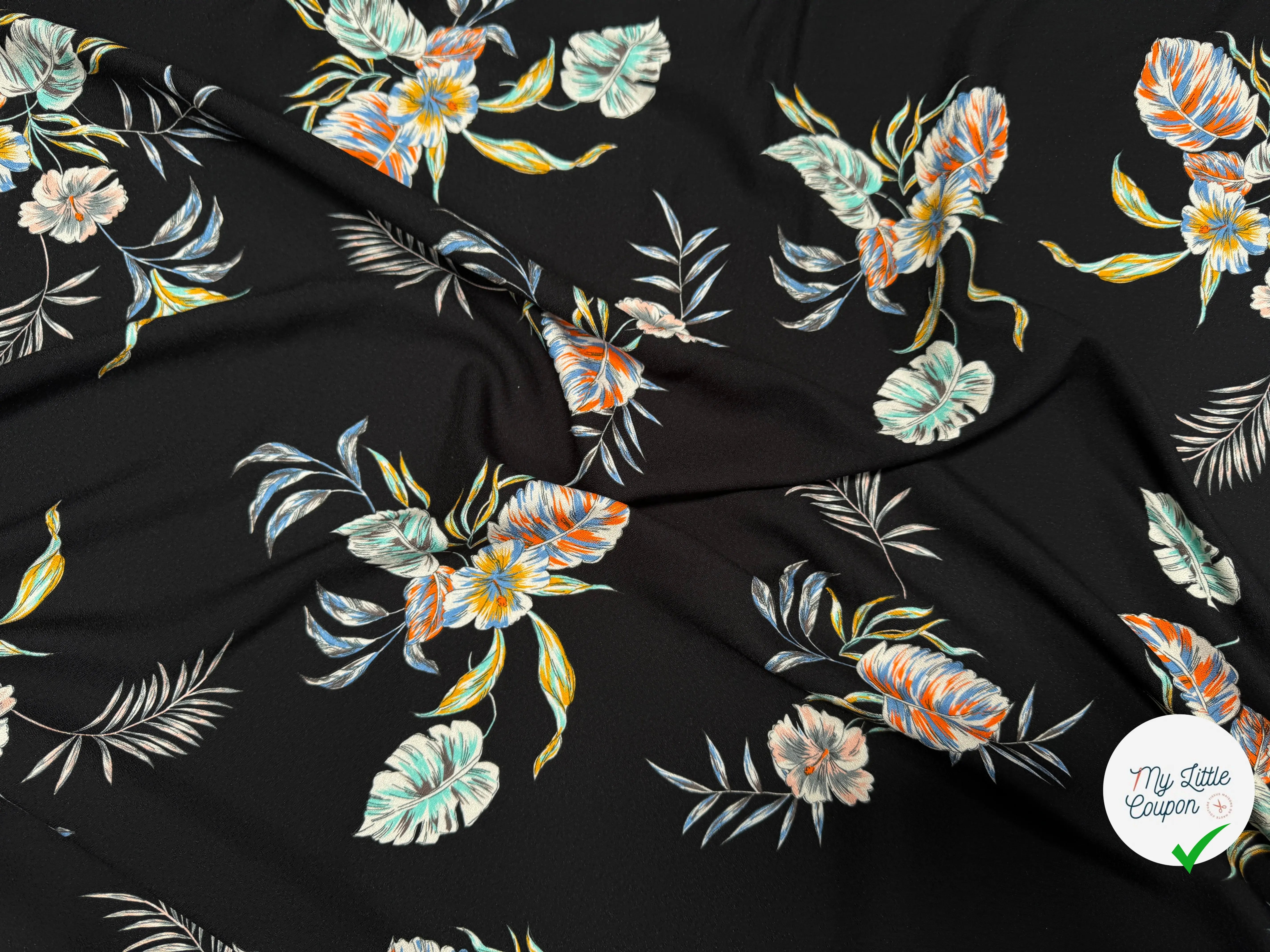 CREPE TESSUTO 100%VISCOSE FOND NOIR AVEC FEUILLES - My Little Coupon