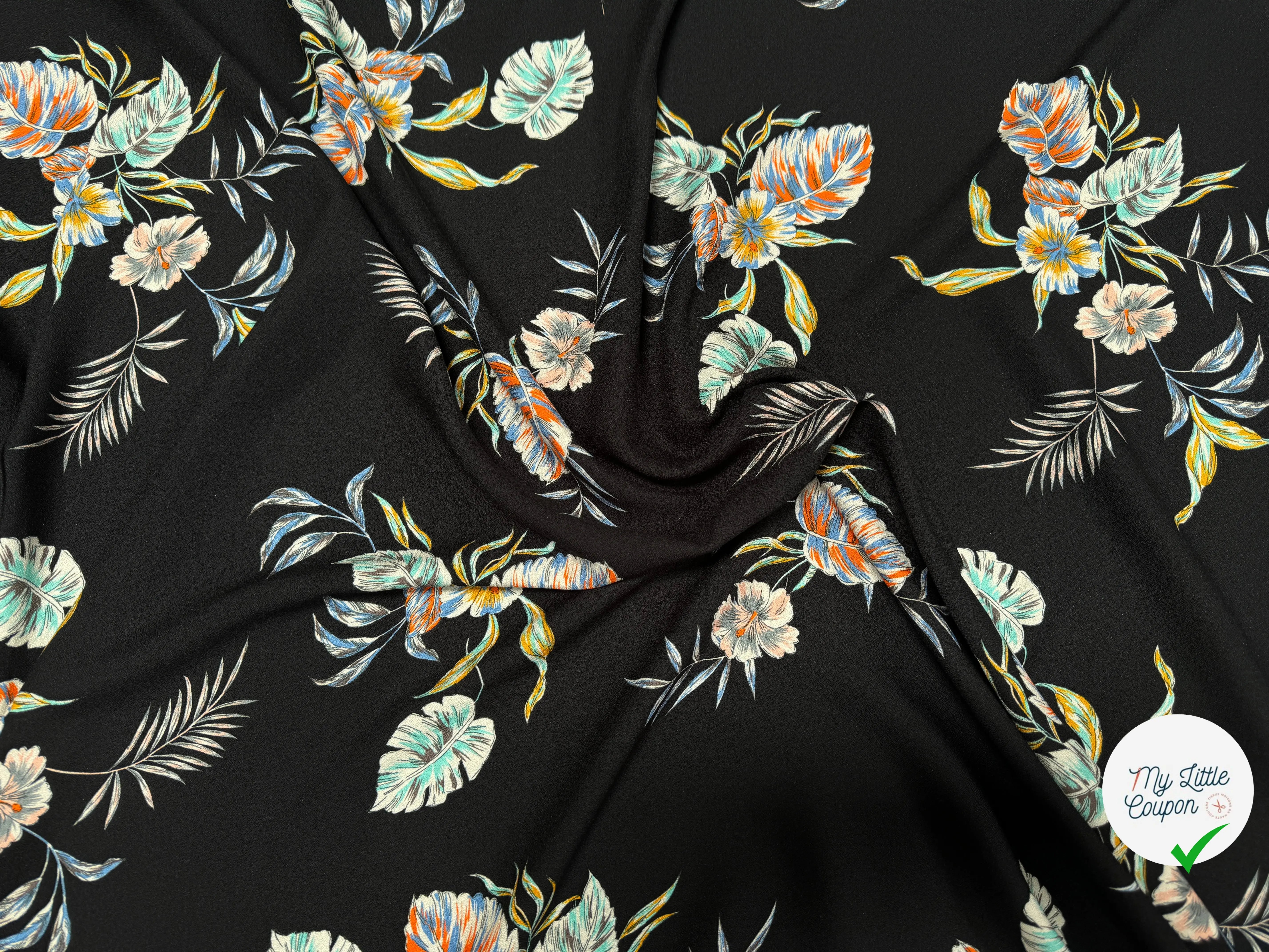 CREPE TESSUTO 100%VISCOSE FOND NOIR AVEC FEUILLES - My Little Coupon