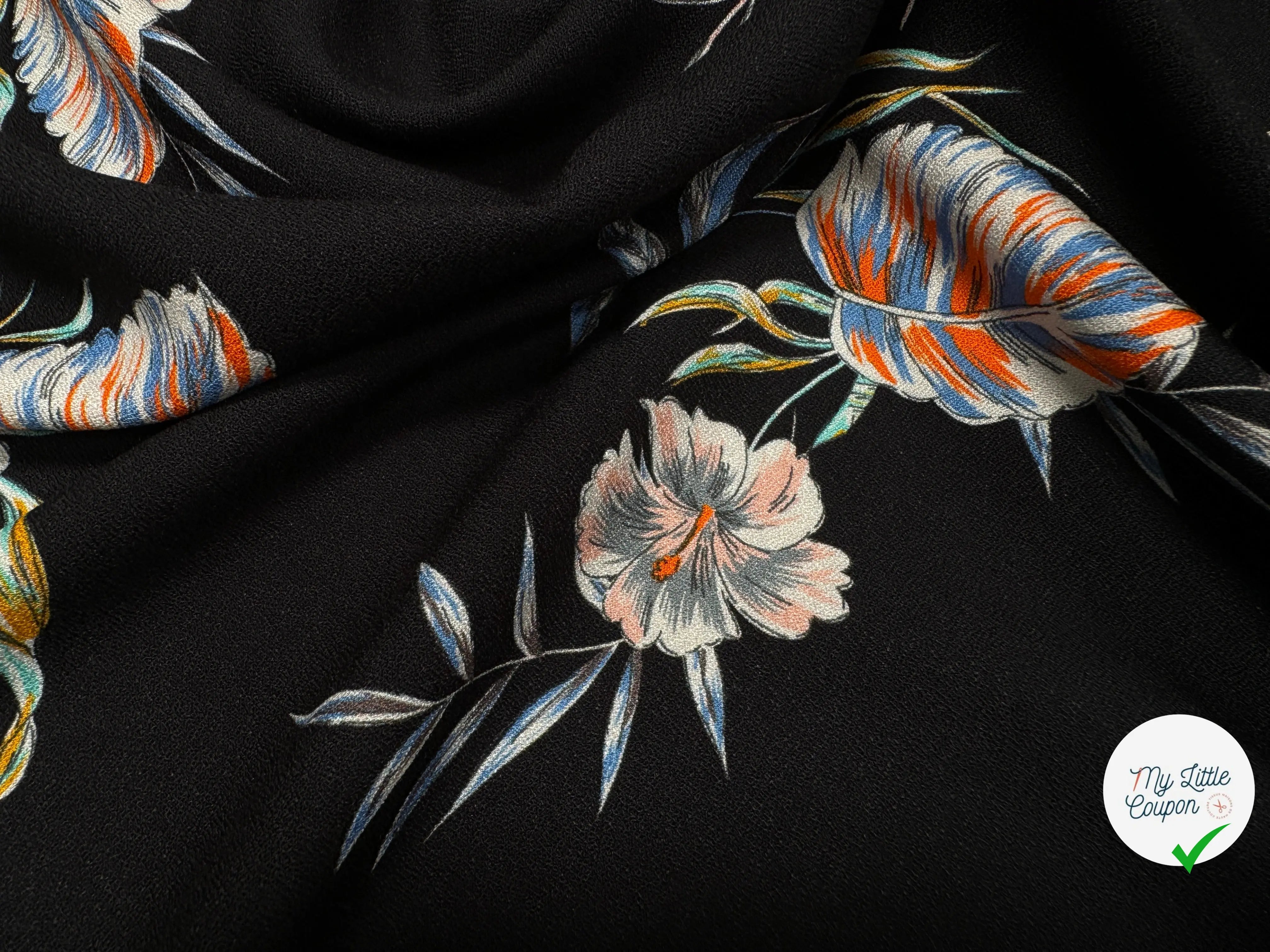 CREPE TESSUTO 100%VISCOSE FOND NOIR AVEC FEUILLES - My Little Coupon