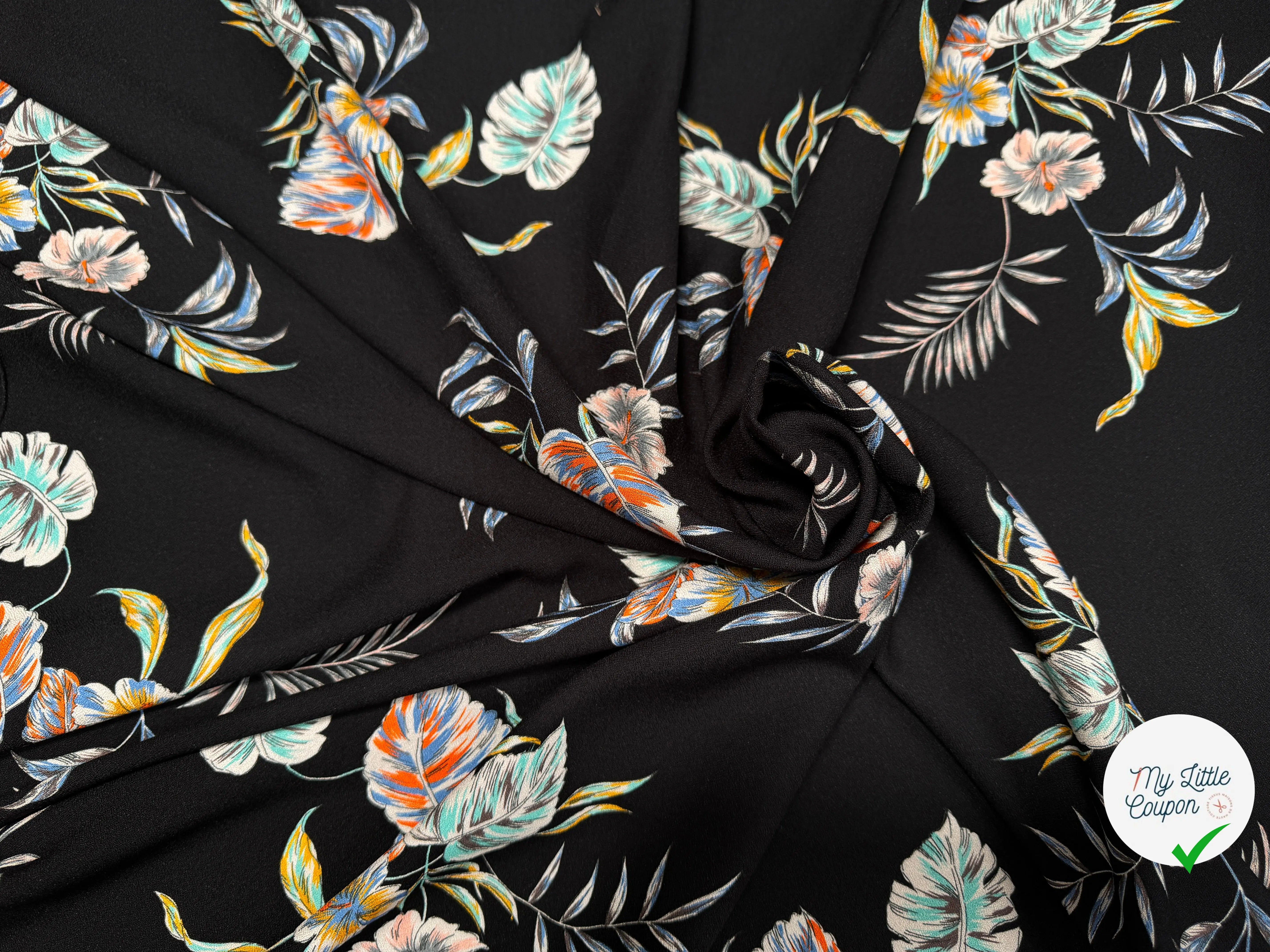 CREPE TESSUTO 100%VISCOSE FOND NOIR AVEC FEUILLES - My Little Coupon