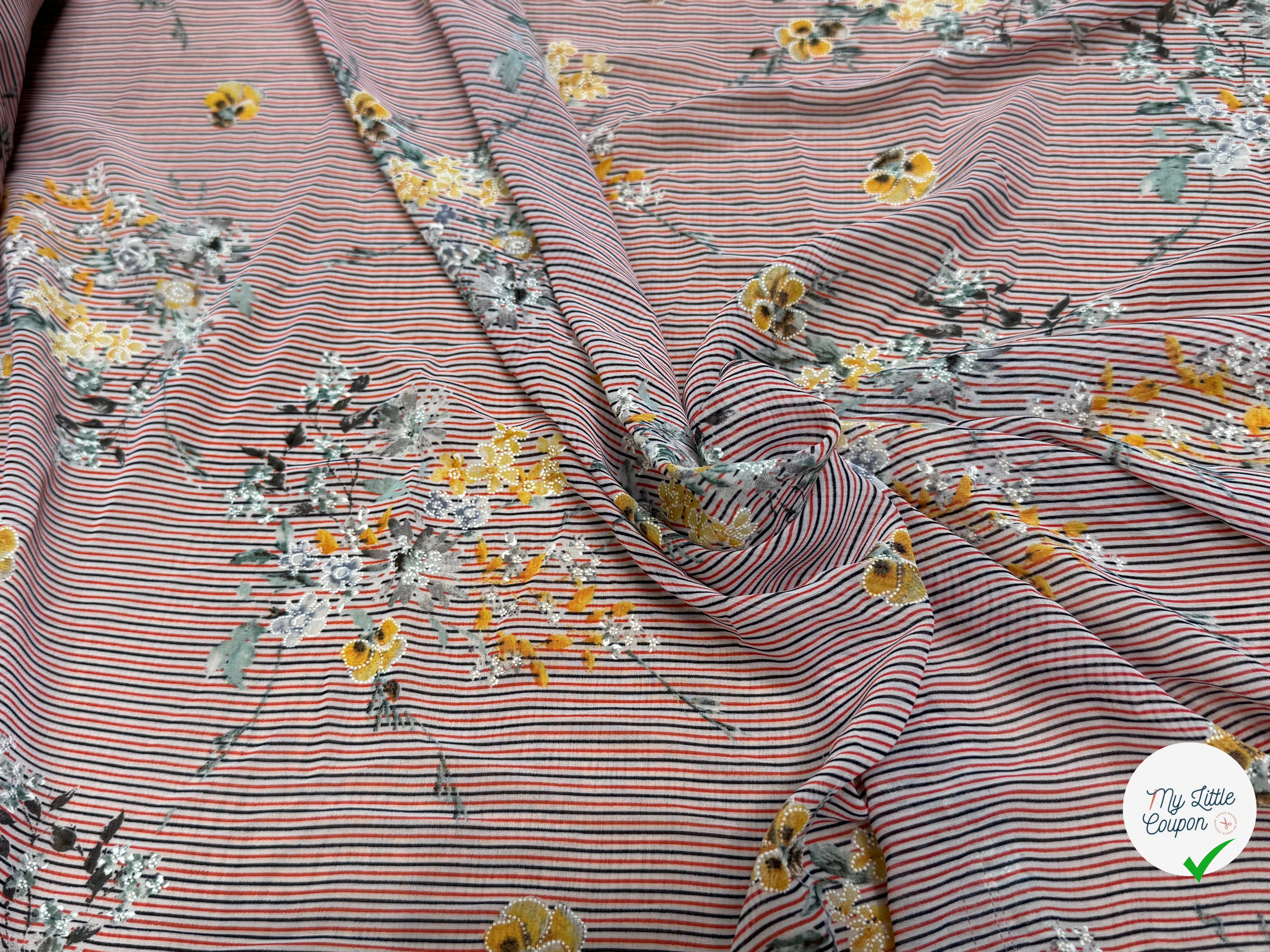 CREPE ULTRA FIN FOND BLANC À RAYURES MOTIFS FLORAUX JAUNE - My Little Coupon