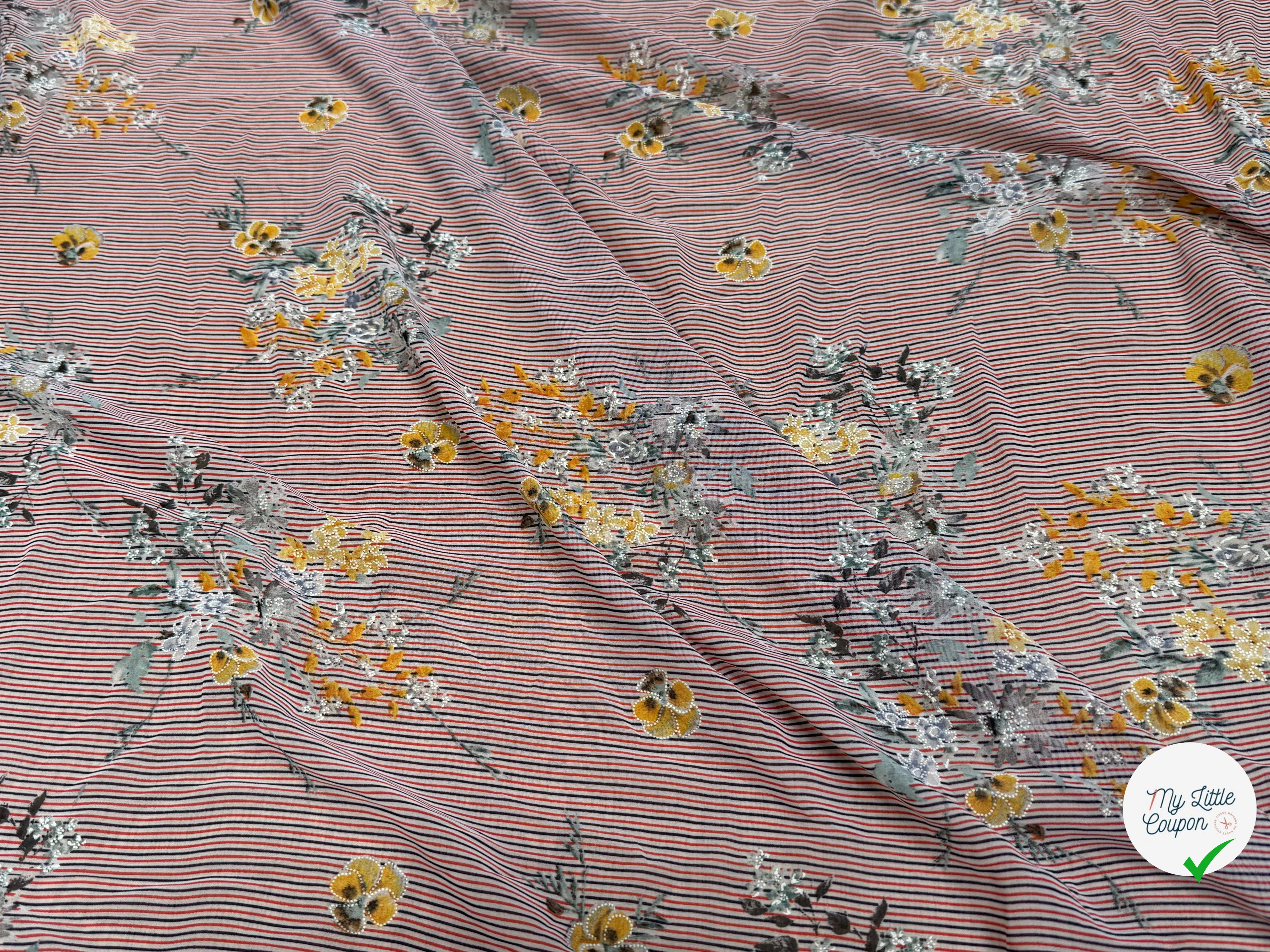 CREPE ULTRA FIN FOND BLANC À RAYURES MOTIFS FLORAUX JAUNE - My Little Coupon