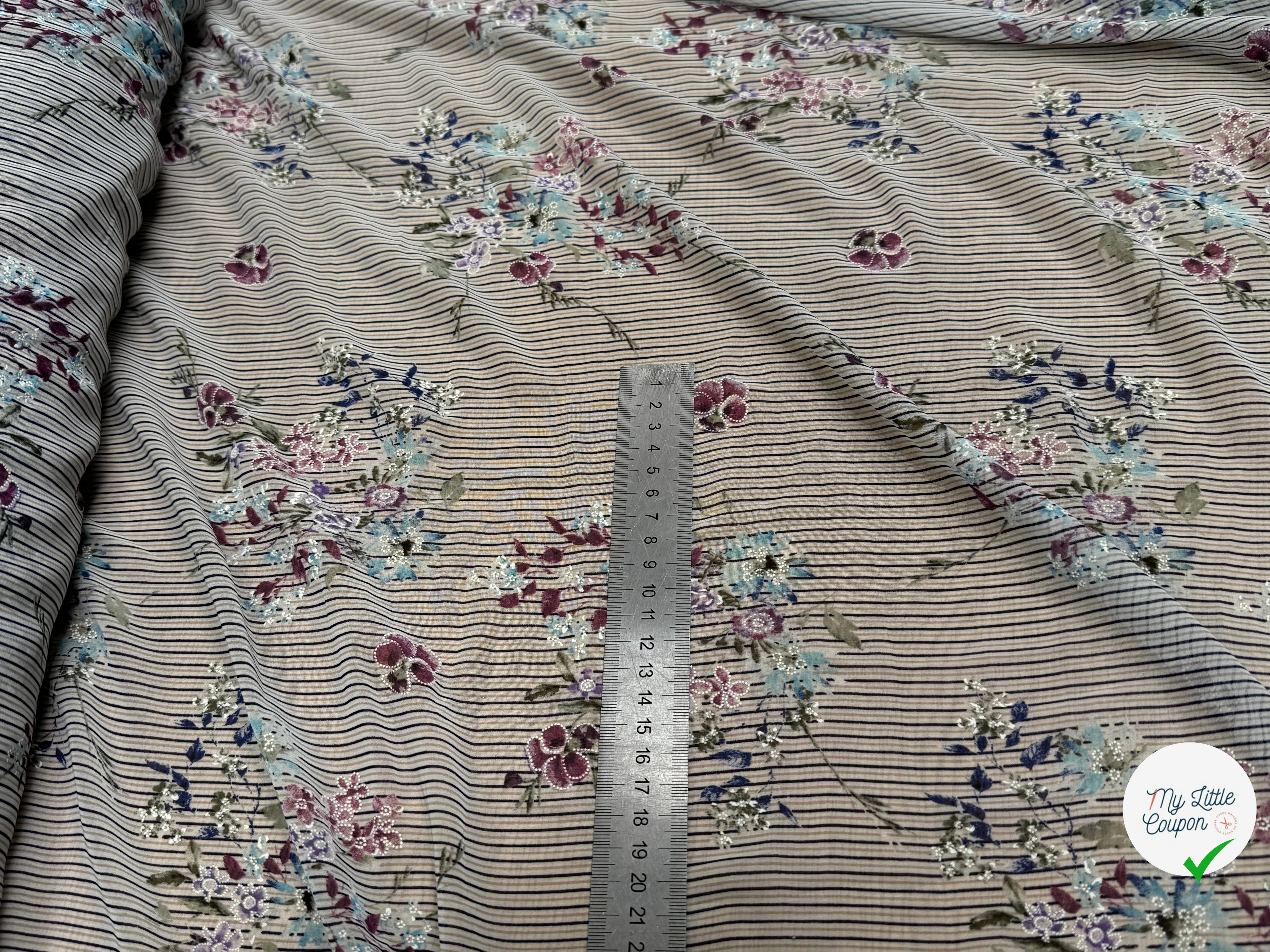 CREPE ULTRA FIN FOND BLANC À RAYURES MOTIFS FLORAUX VIOLET - My Little Coupon