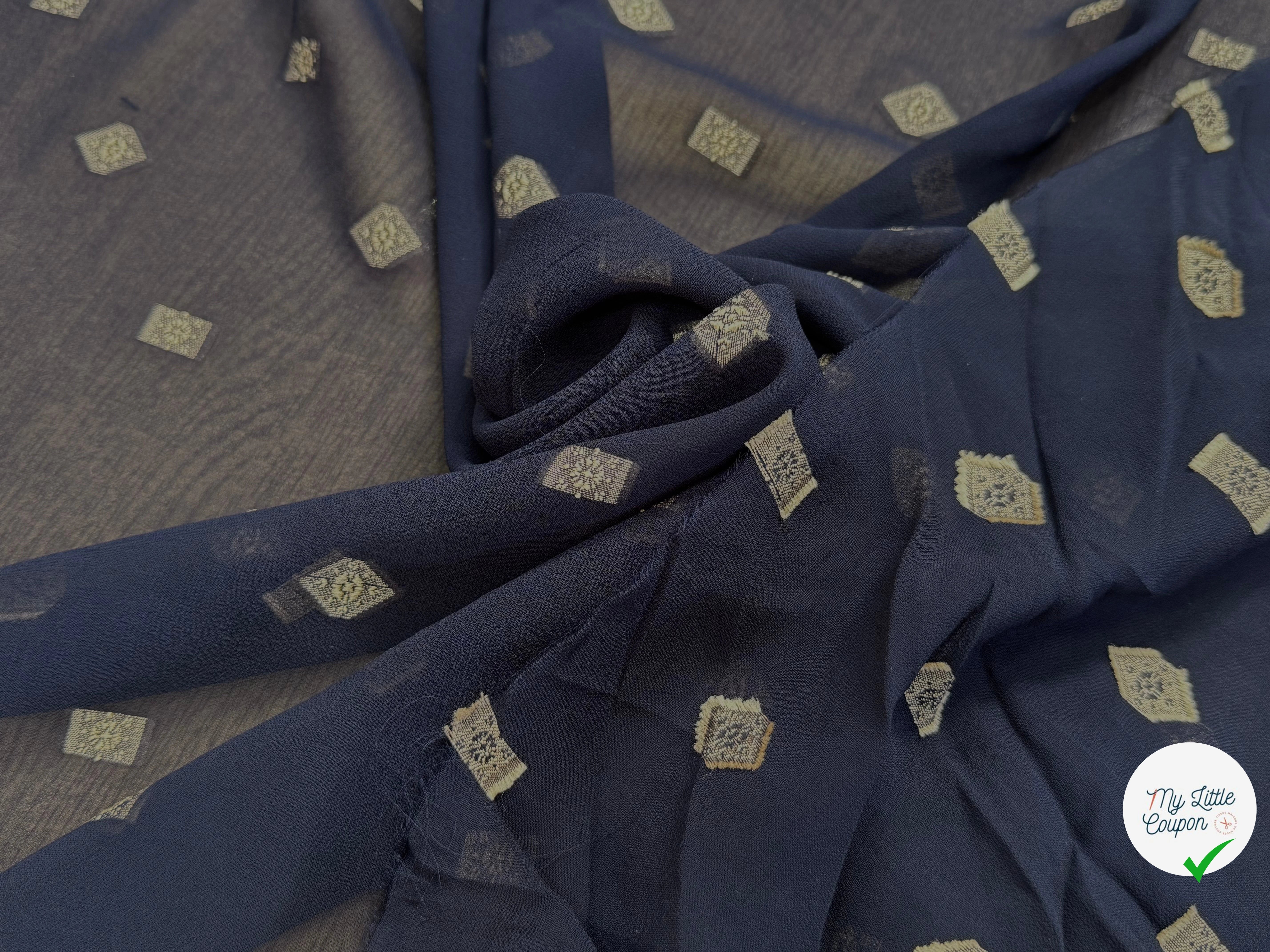 CREPE VISCOSE BLEU MARINE MOTIF TISSÉ GÉOMETRIQUE 100% VI - My Little Coupon