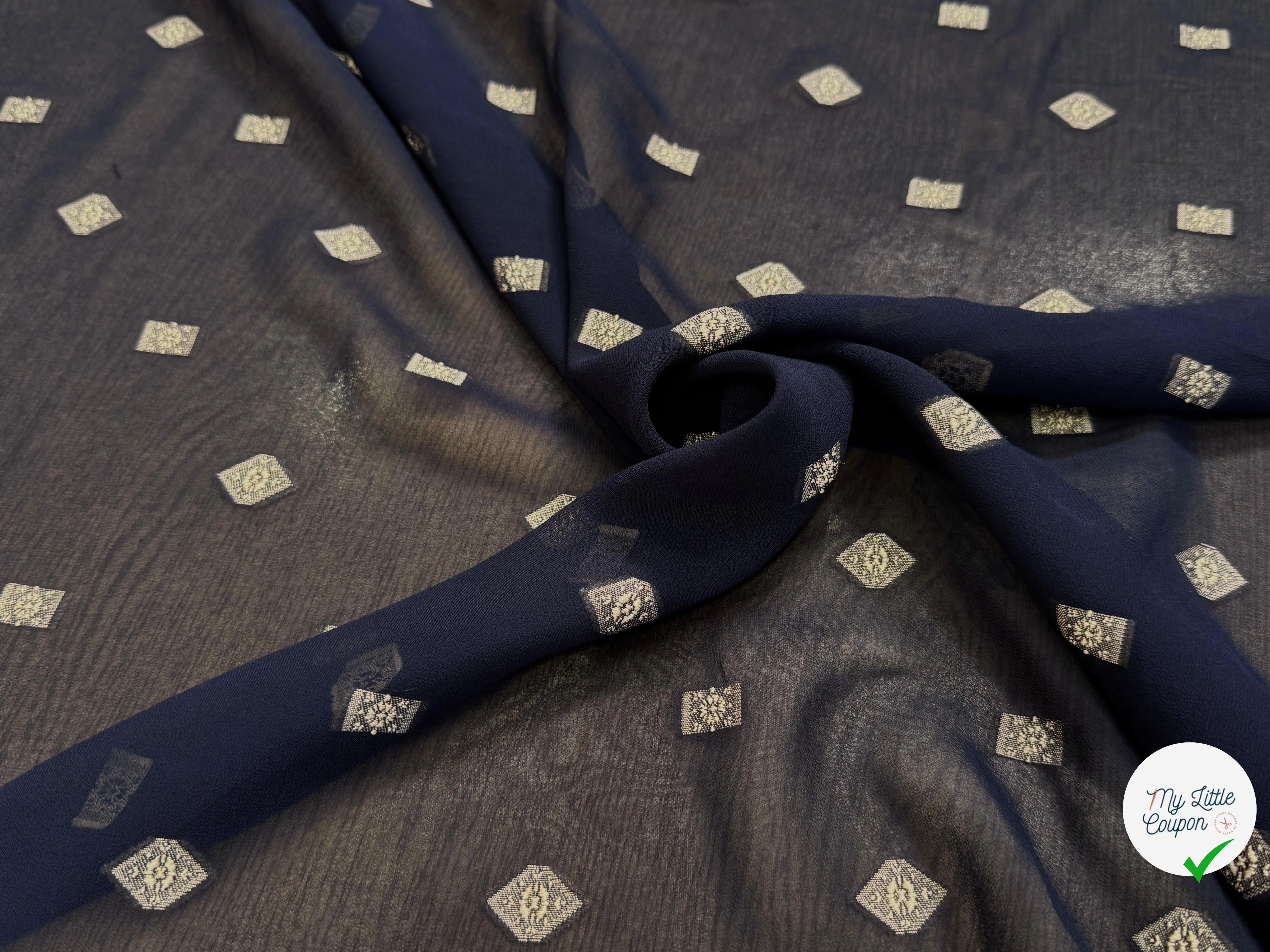 CREPE VISCOSE BLEU MARINE MOTIF TISSÉ GÉOMETRIQUE 100% VI - My Little Coupon