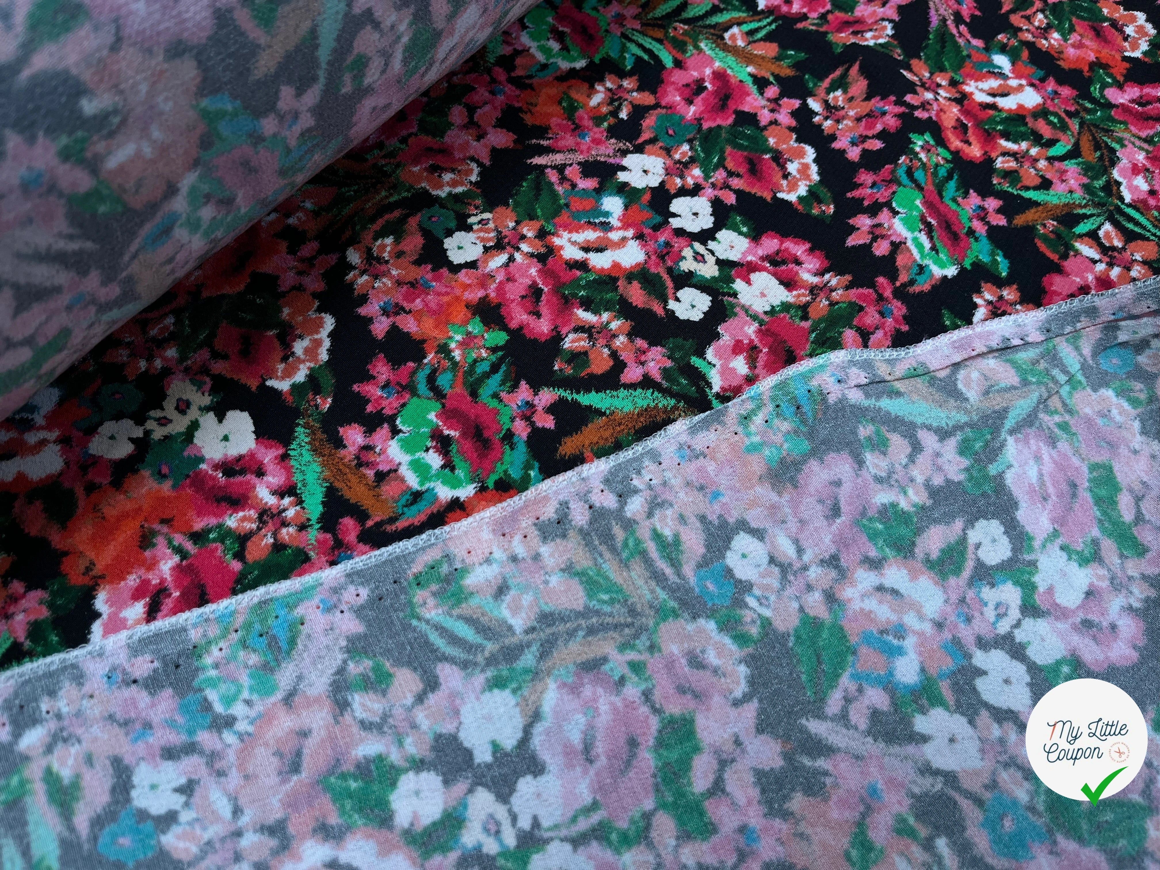 CREPE VISCOSE BOUQUET FLEURS FOND NOIR 140 LAIZE - My Little Coupon