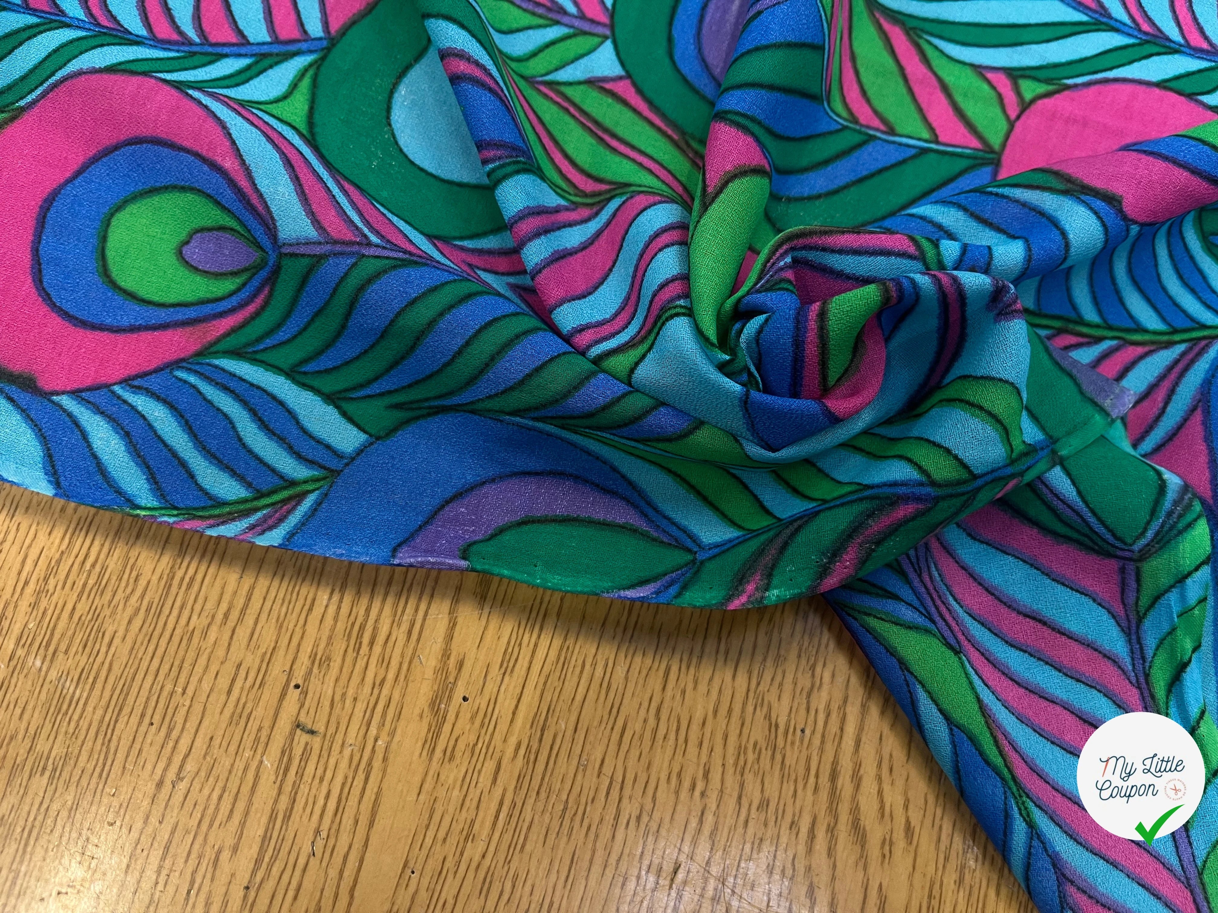 CRÈPE VISCOSE IMPRIMÉ FEUILLAGE VERT BLEU ROSE VIOLET 90CM - My Little Coupon