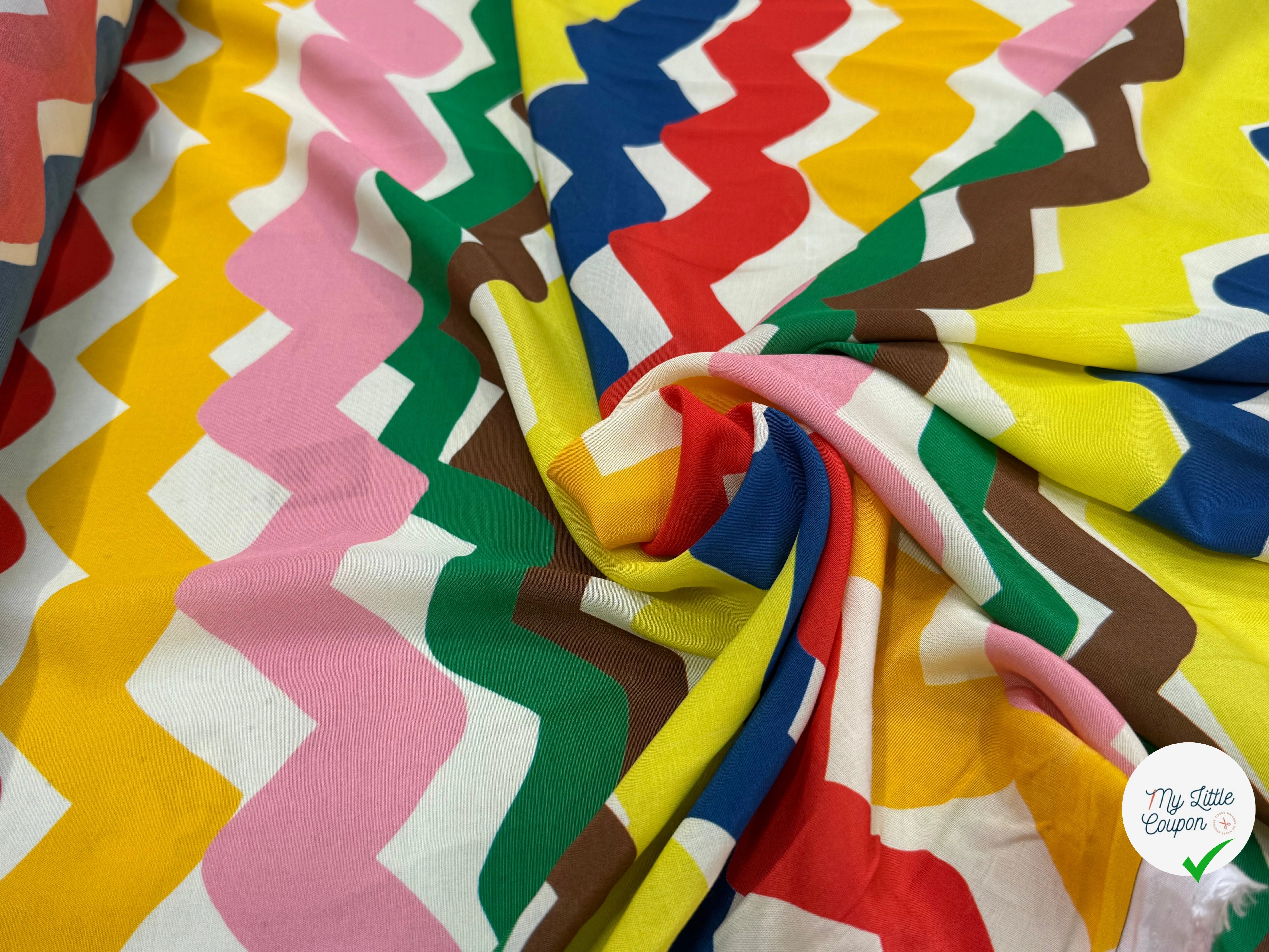 CREPE VISCOSE IMPRIMÉ RAYURES DESTRUCTURÉES TANGO ZIG-ZAG MULTICOLORES - My Little Coupon