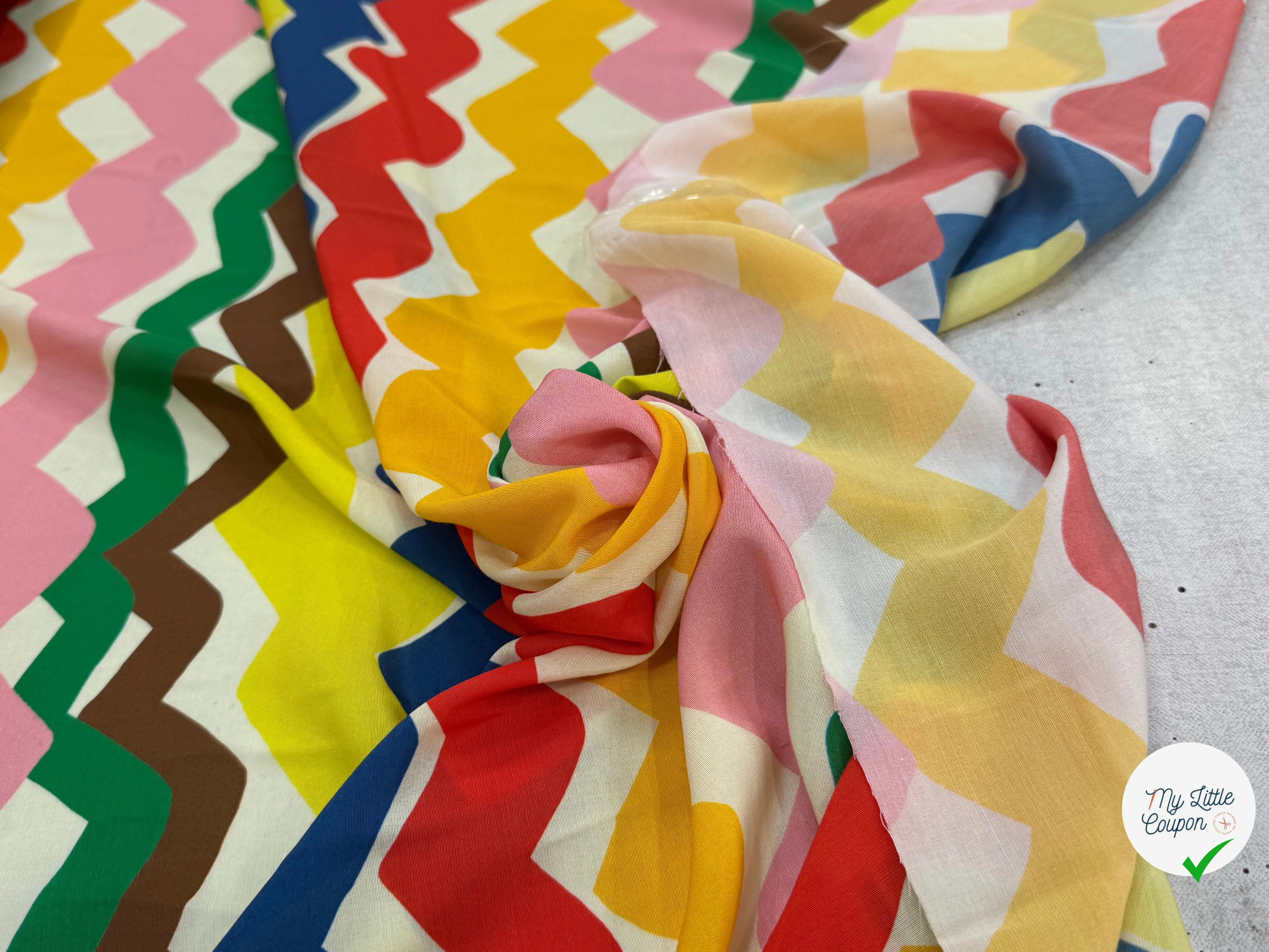CREPE VISCOSE IMPRIMÉ RAYURES DESTRUCTURÉES TANGO ZIG-ZAG MULTICOLORES - My Little Coupon