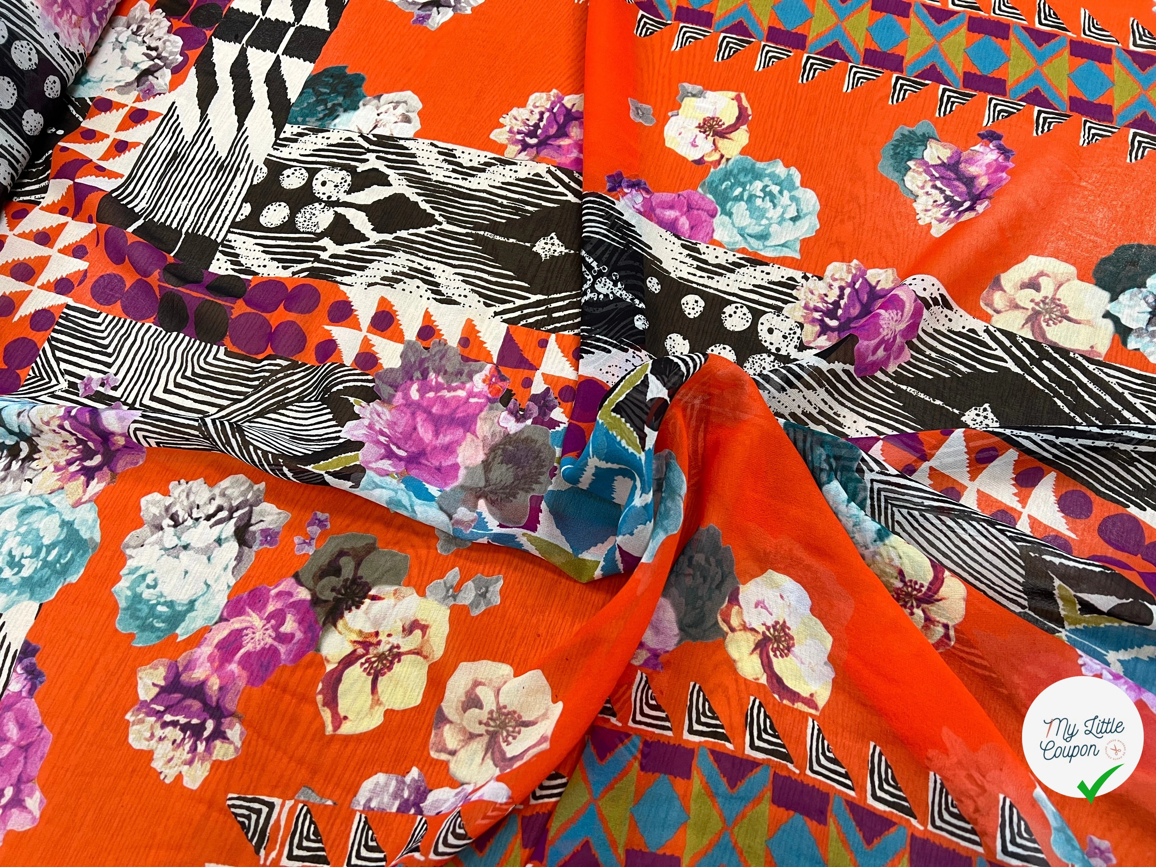 CRÈPON DE SOIE MOTIF GÉOMETRIQUE À FLEURS 142CM - My Little Coupon