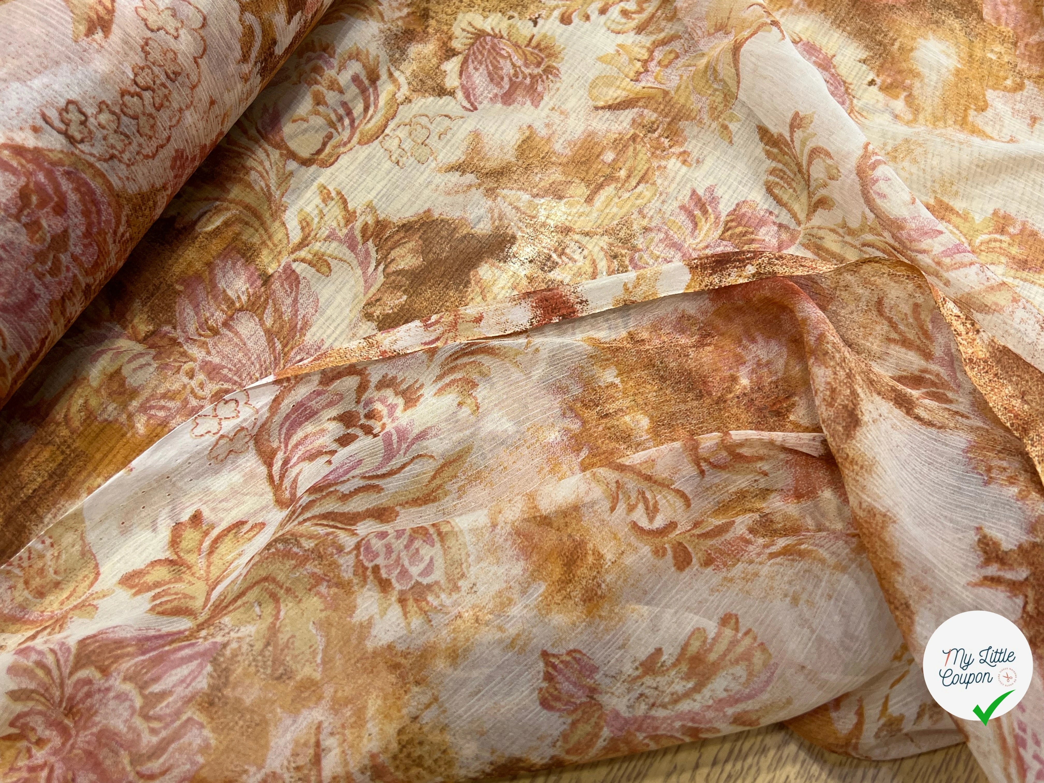 CRÈPON DE SOIE PLISSÉ MOTIF FLORAL BEIGE MARRON - My Little Coupon