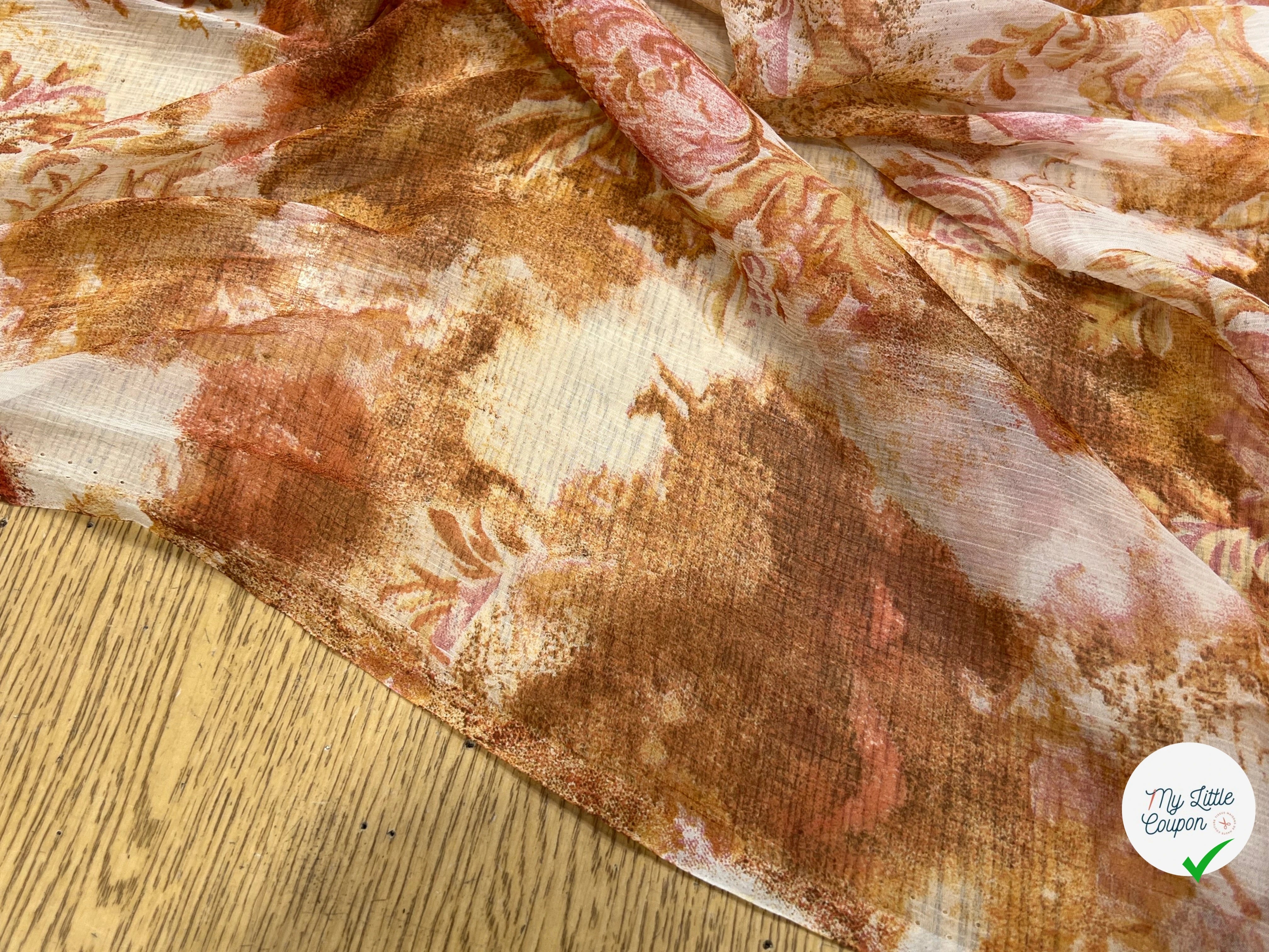 CRÈPON DE SOIE PLISSÉ MOTIF FLORAL BEIGE MARRON - My Little Coupon