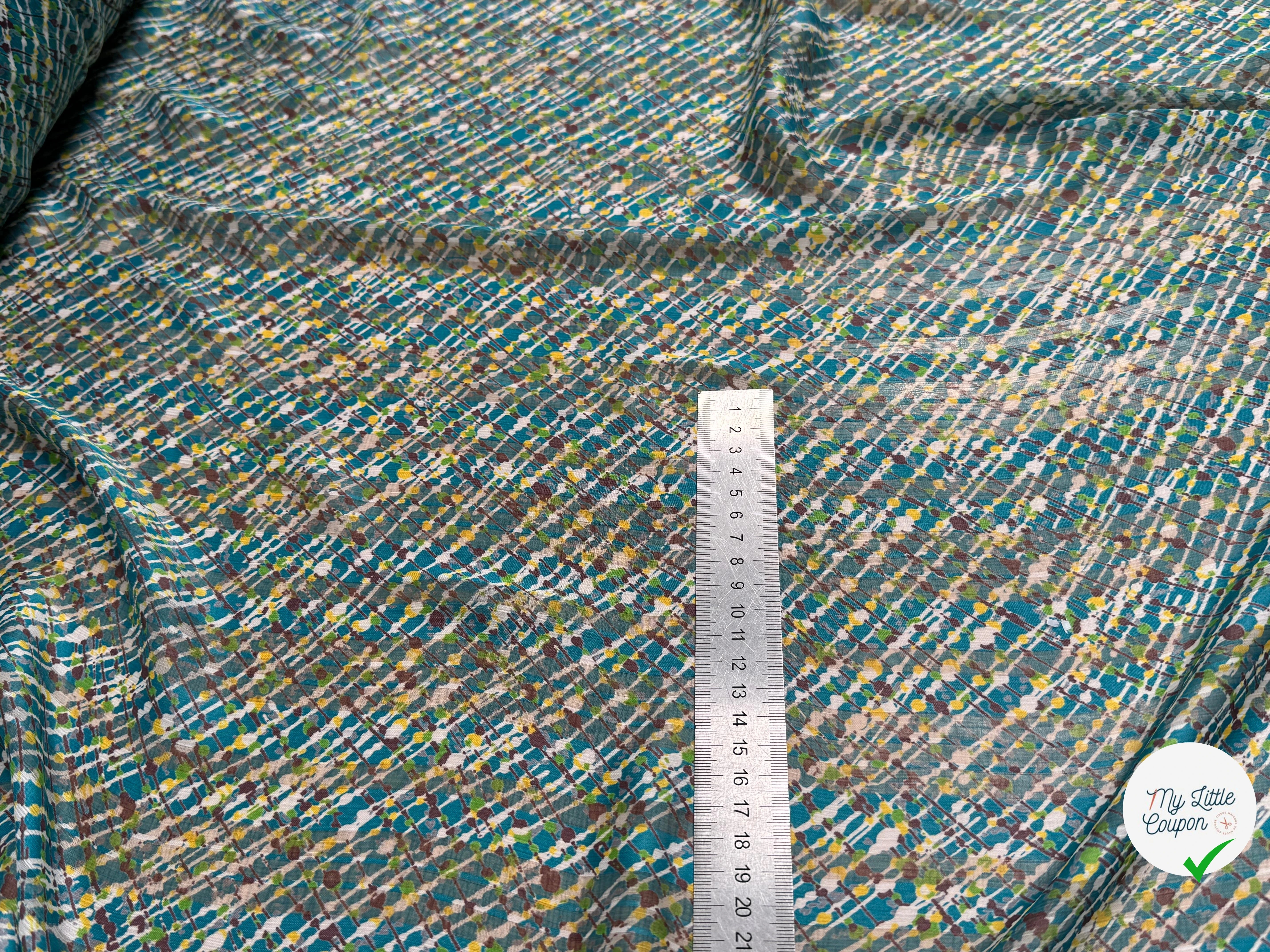 CREPON IMPRIMÉ MULTICOLORES OEUVRE D'ART FOND TURQUOISE - My Little Coupon
