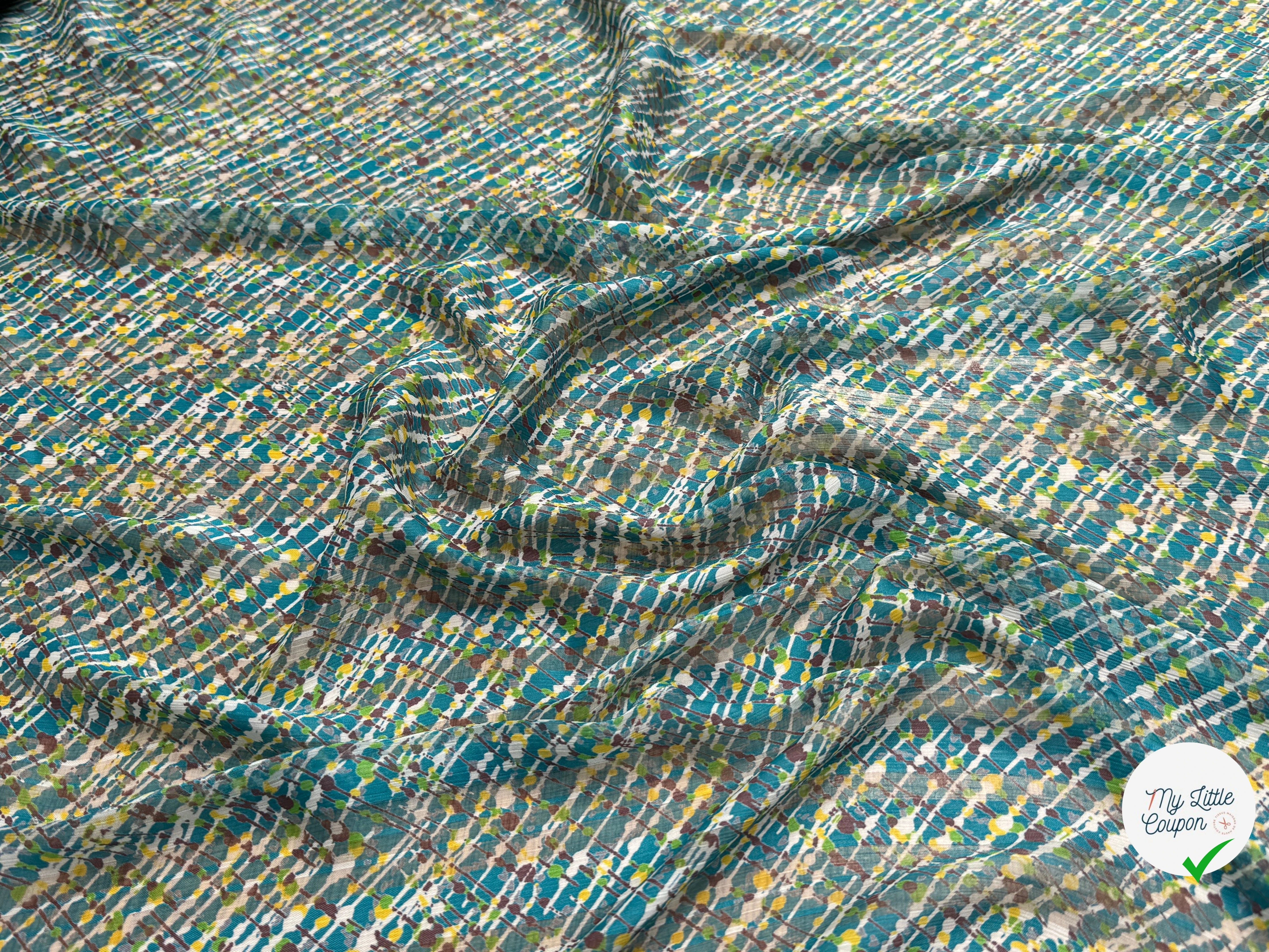 CREPON IMPRIMÉ MULTICOLORES OEUVRE D'ART FOND TURQUOISE - My Little Coupon