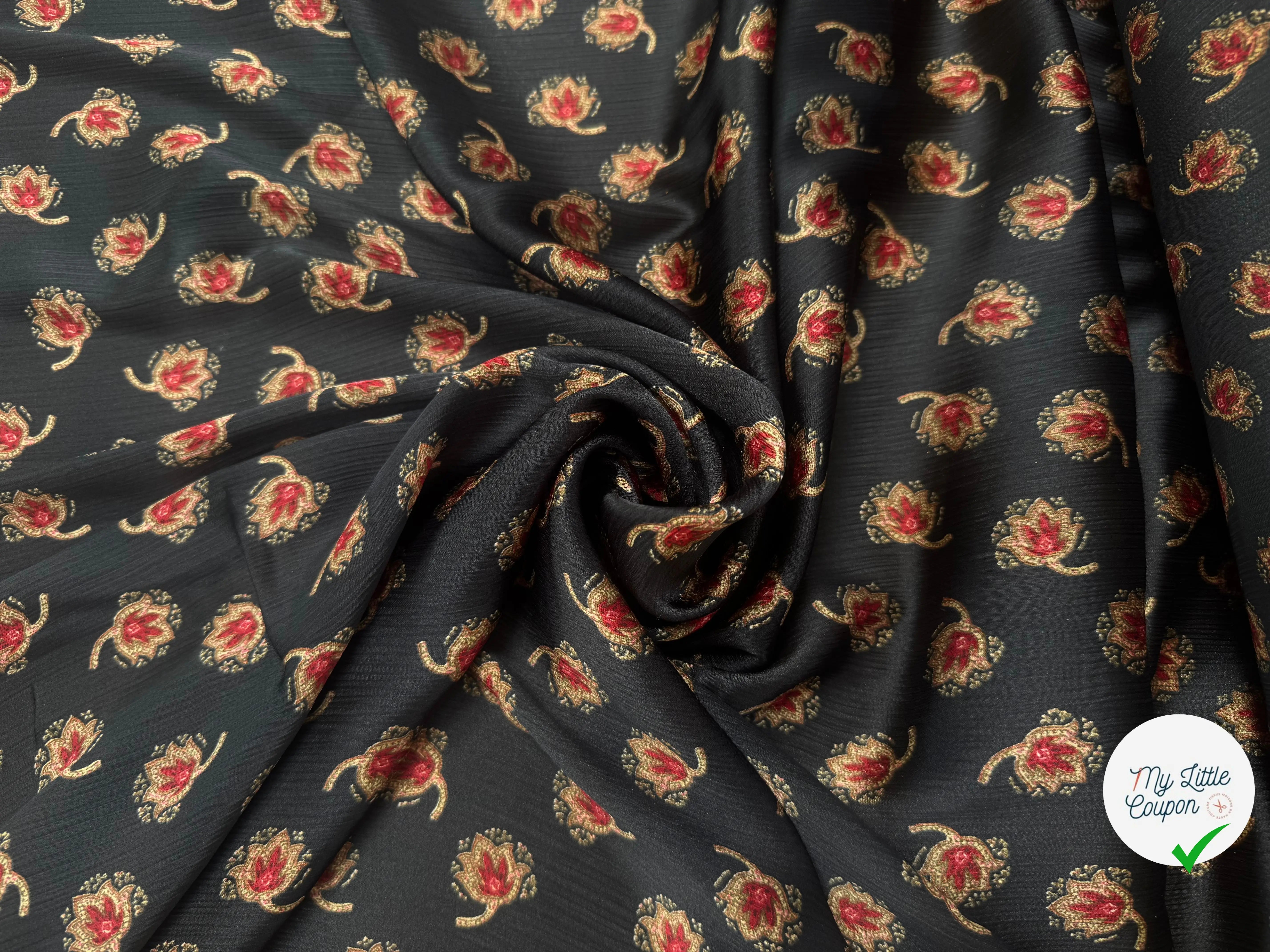 CREPON PLISSÉ FOND NOIR FLEURS ROUGE ET JAUNE - My Little Coupon