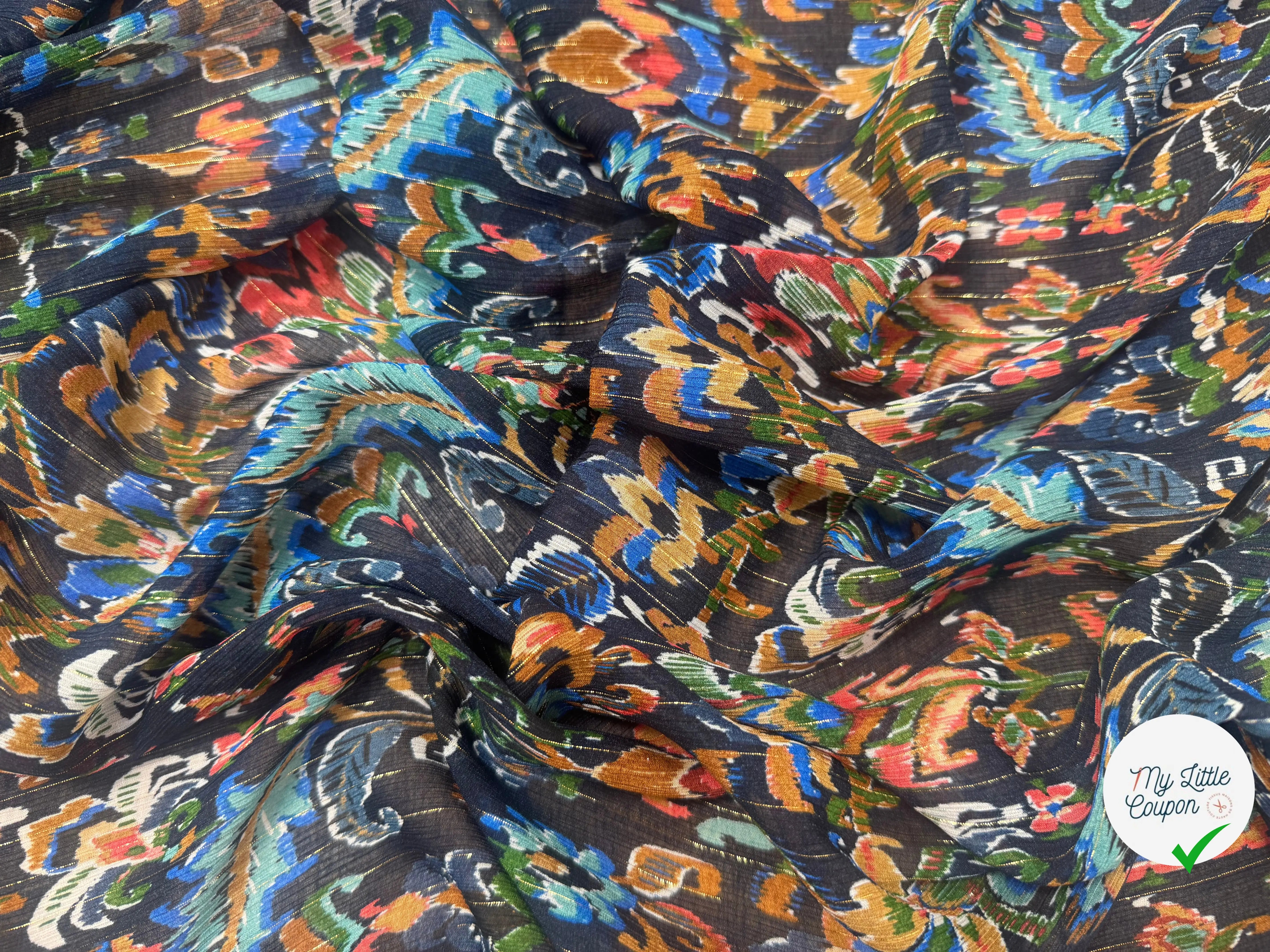 CREPON VISCOSE SOIE PAILÉ MULTICOLORE FOND NOIR RAYÉ - My Little Coupon