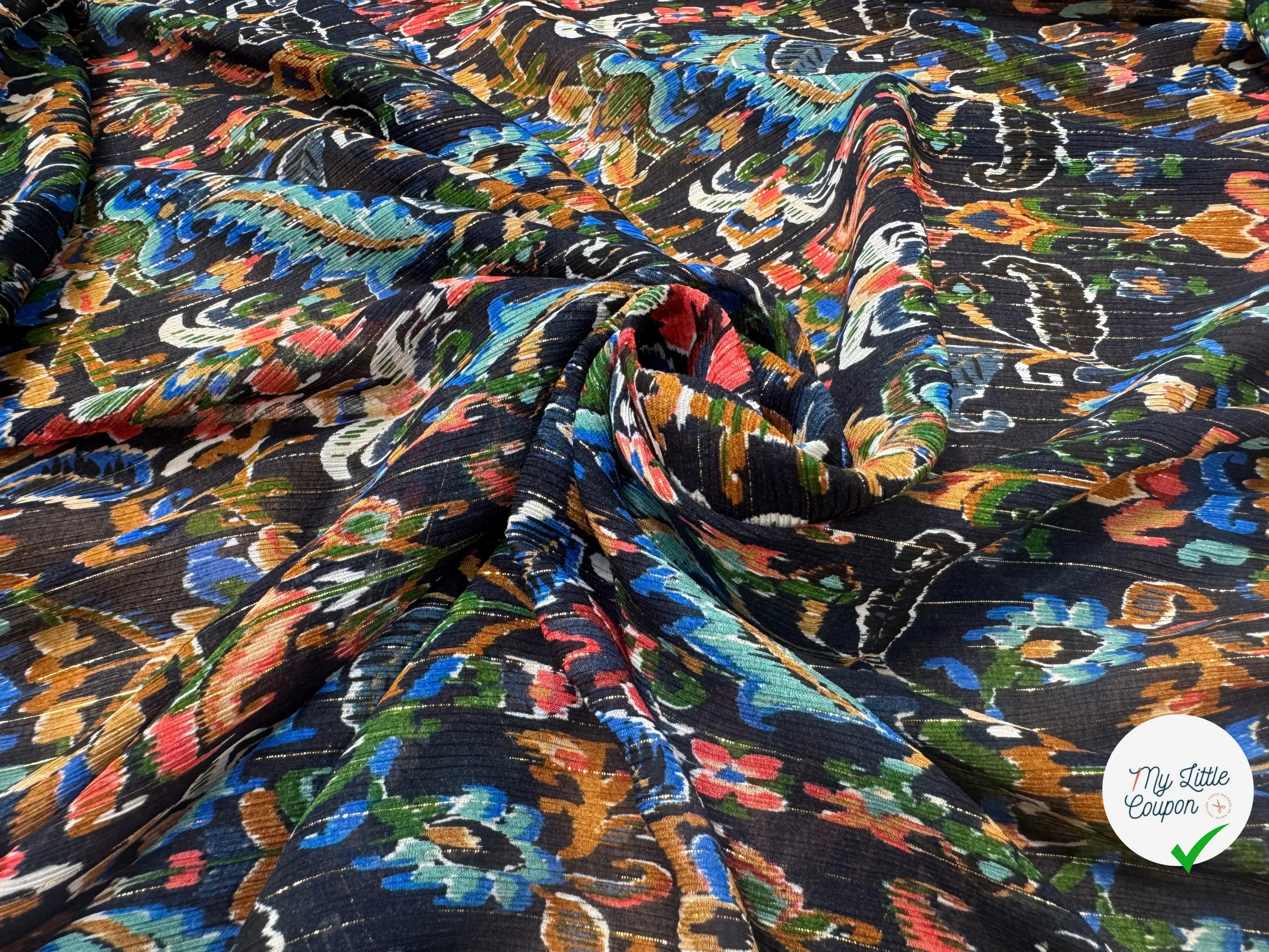 CREPON VISCOSE SOIE PAILÉ MULTICOLORE FOND NOIR RAYÉ - My Little Coupon