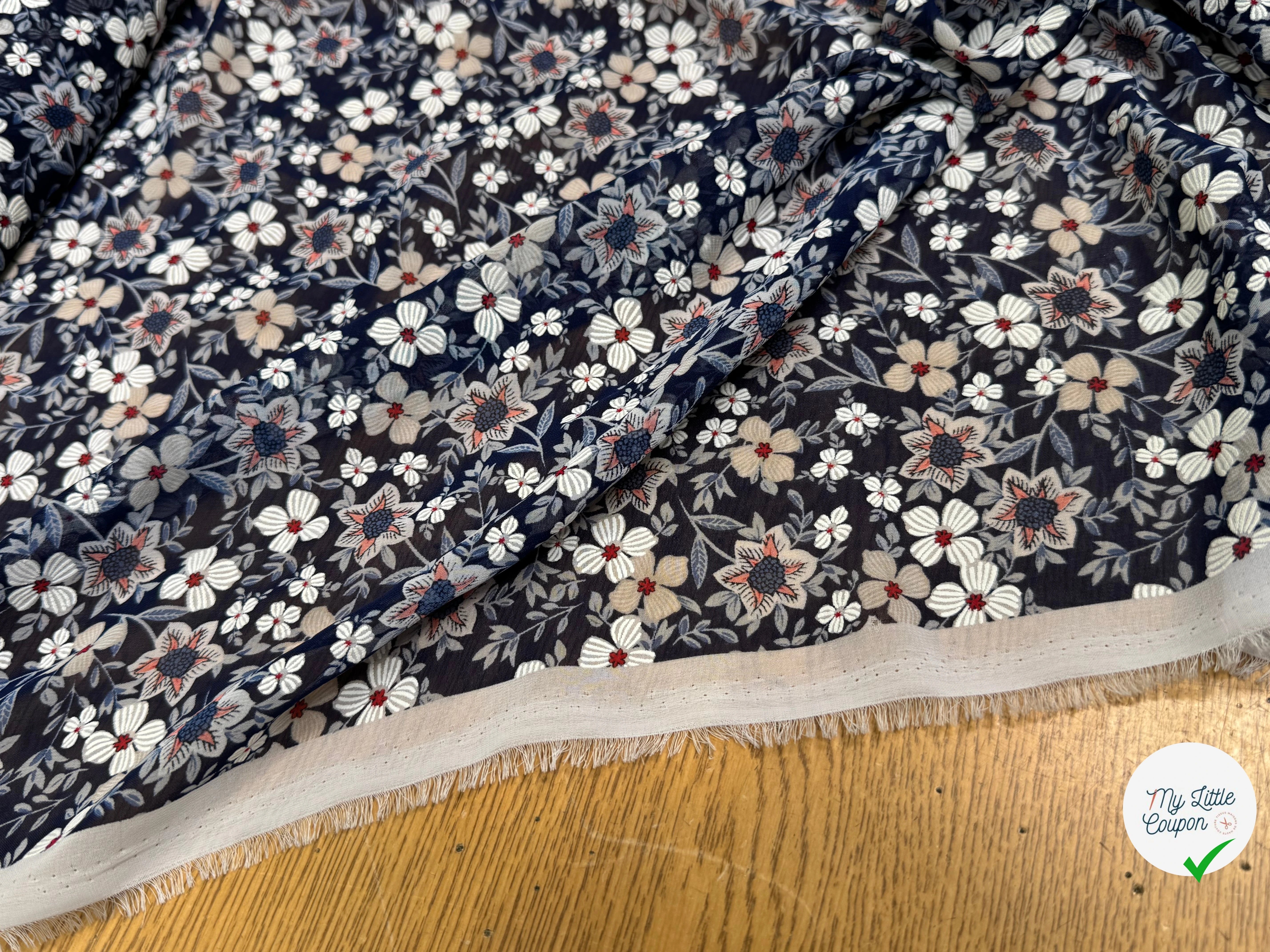 CHIFFON PRINTED JOLIES FLEURS FOND MARINE - My Little Coupon