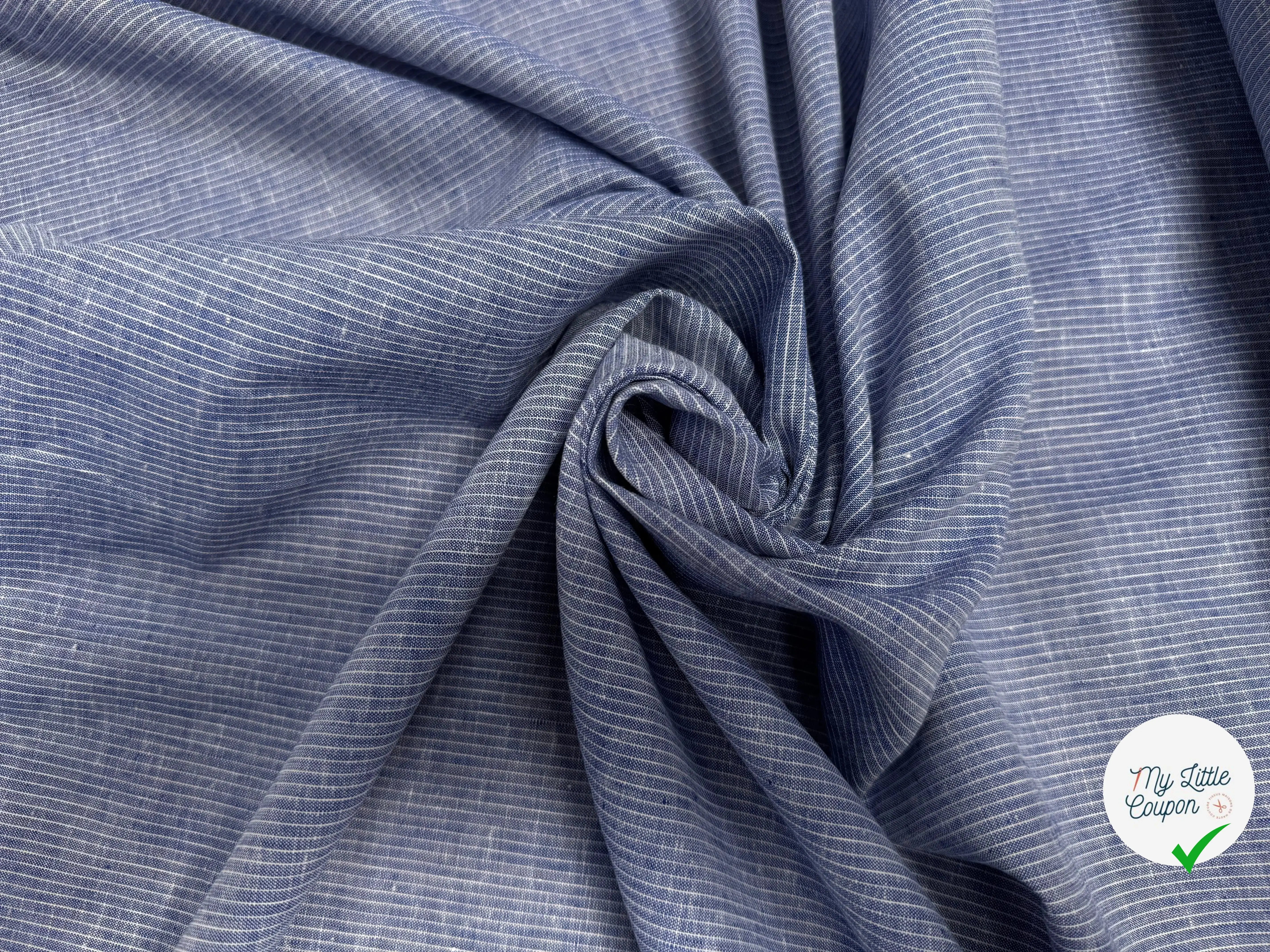 COTON EFFET LIN BLEU FONCÉ LIGNES BLANC - My Little Coupon