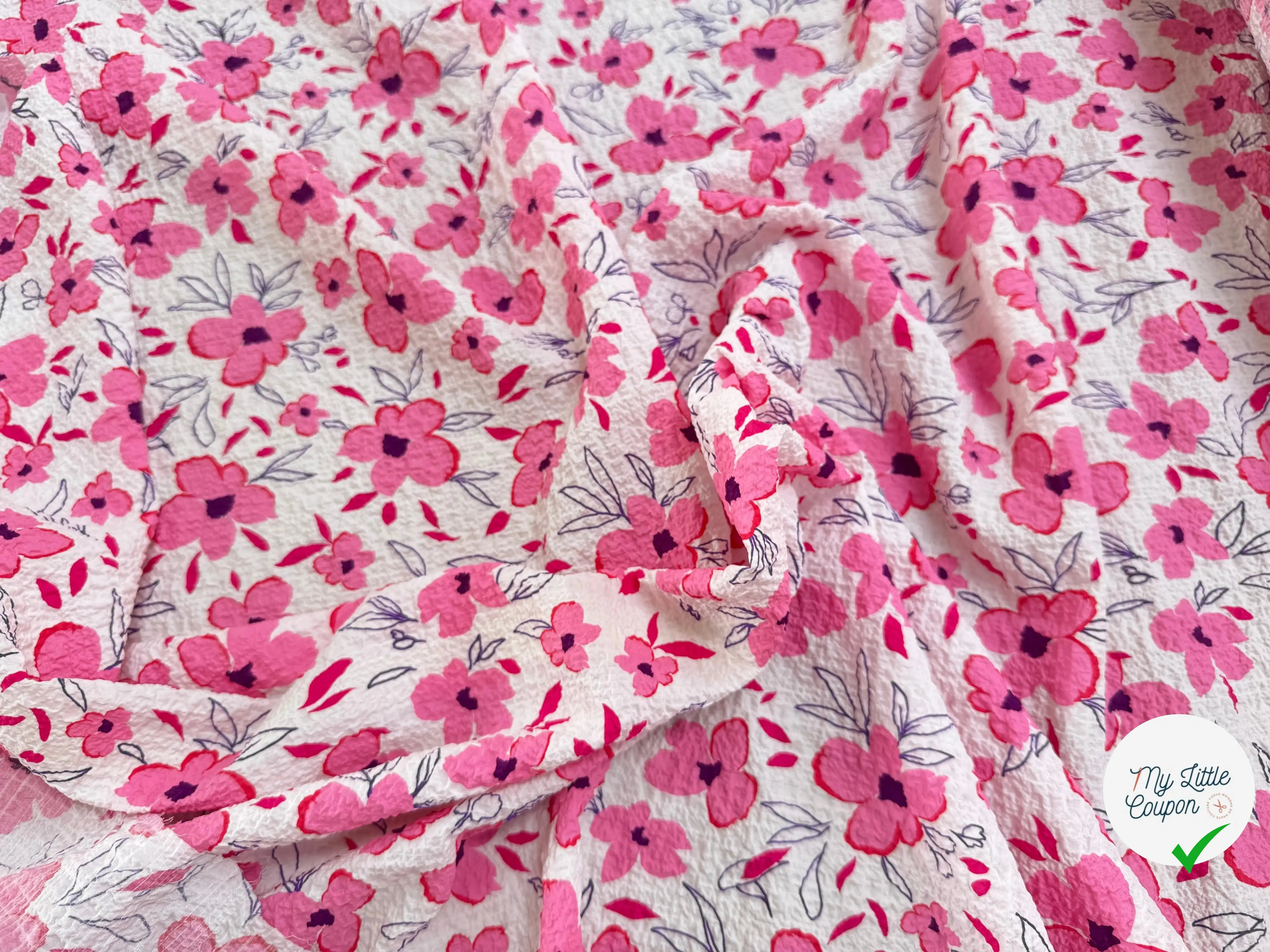 COTON GAUFFRÉ STRECH FLEURS ROSE FOND BLANC - My Little Coupon
