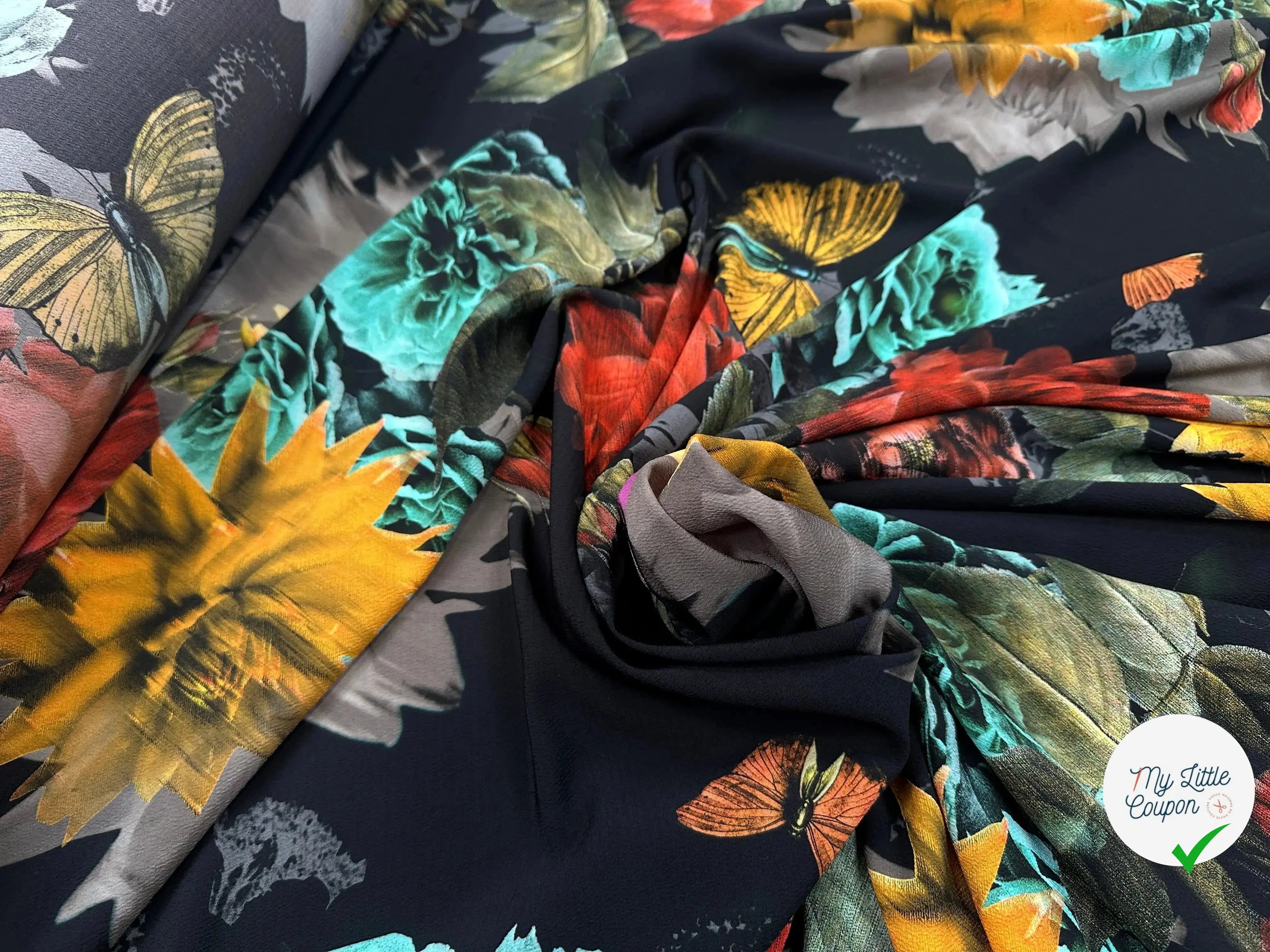 CREPE GAUFFRÉ NOIR PAPILLONS & FLEURS MLC INTERN