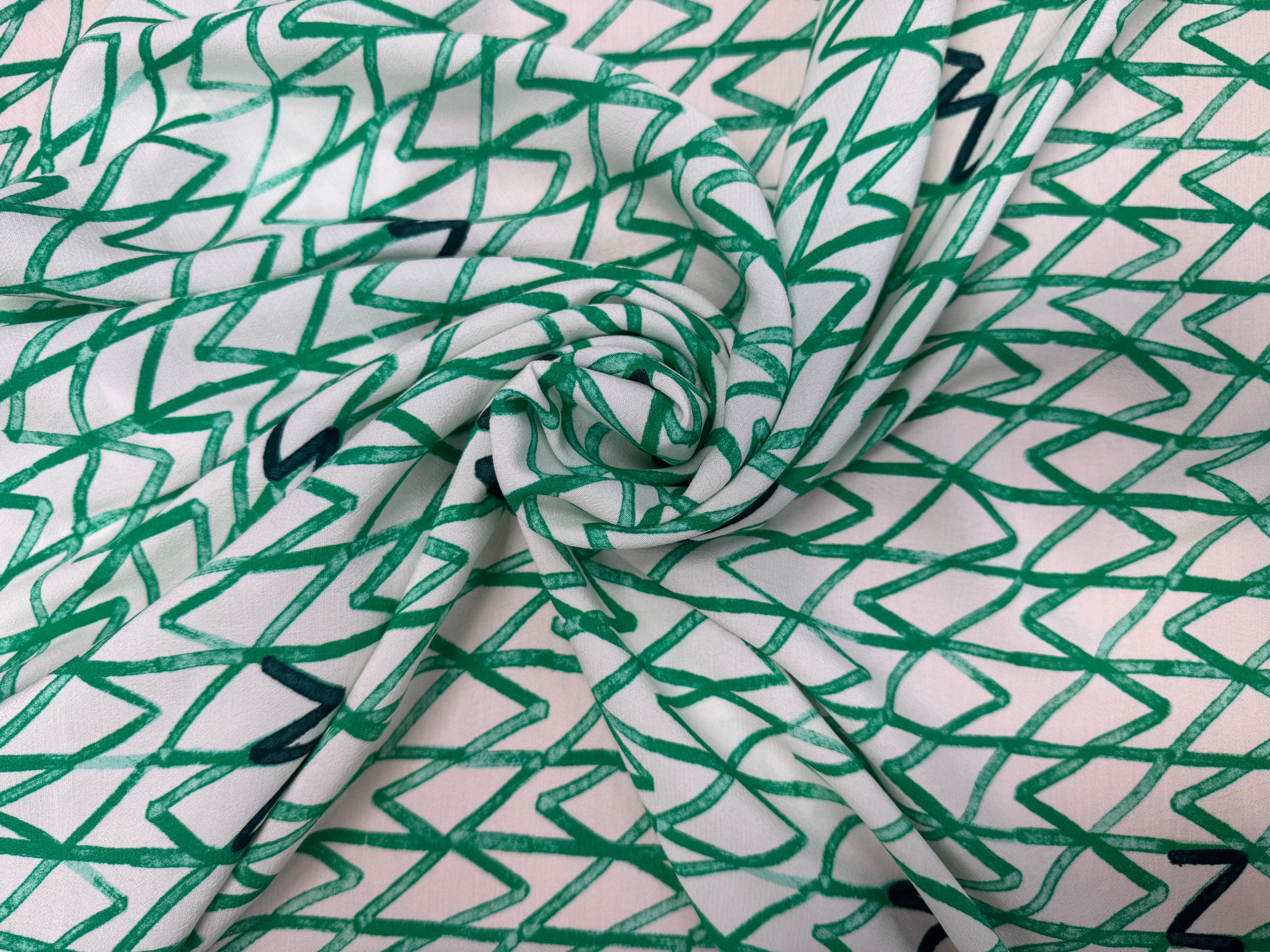CRÊPE VISCOSE ECOVERO FOND BLANC MOTIFS GEOMETRIQUE VERT - My Little Coupon