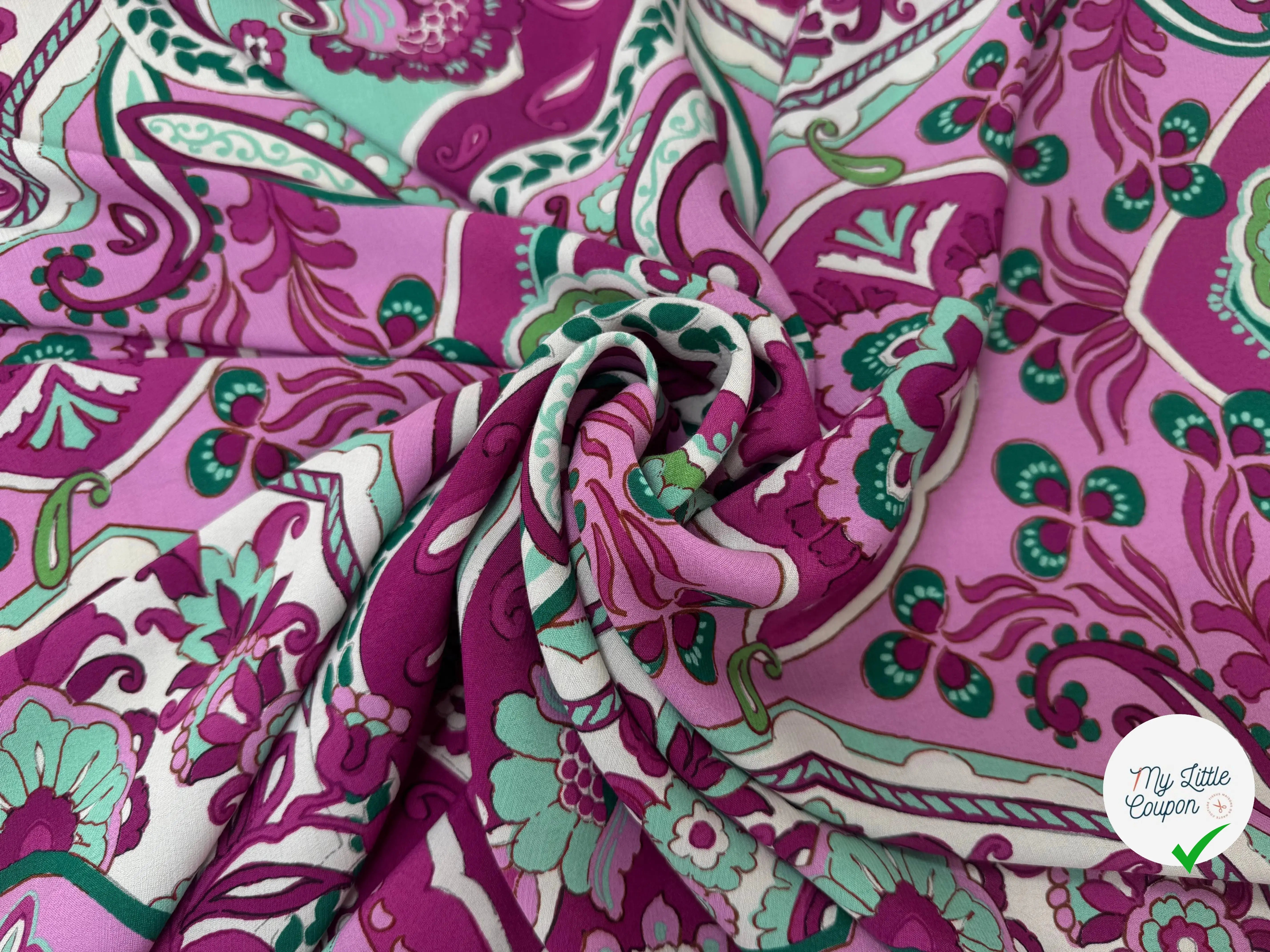 CREPE VISCOSE FOND VIOLET MOTIFS VERT ECOVERO - My Little Coupon