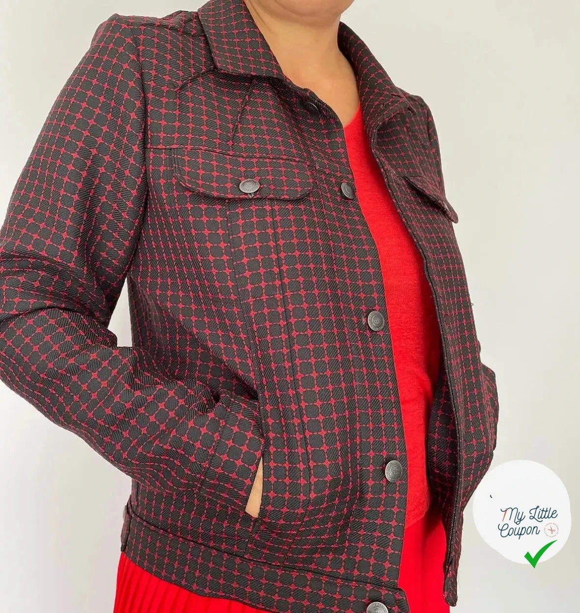 GABARDINE  REBRODÉE DE CARREAUX BLACK ET RED MSO