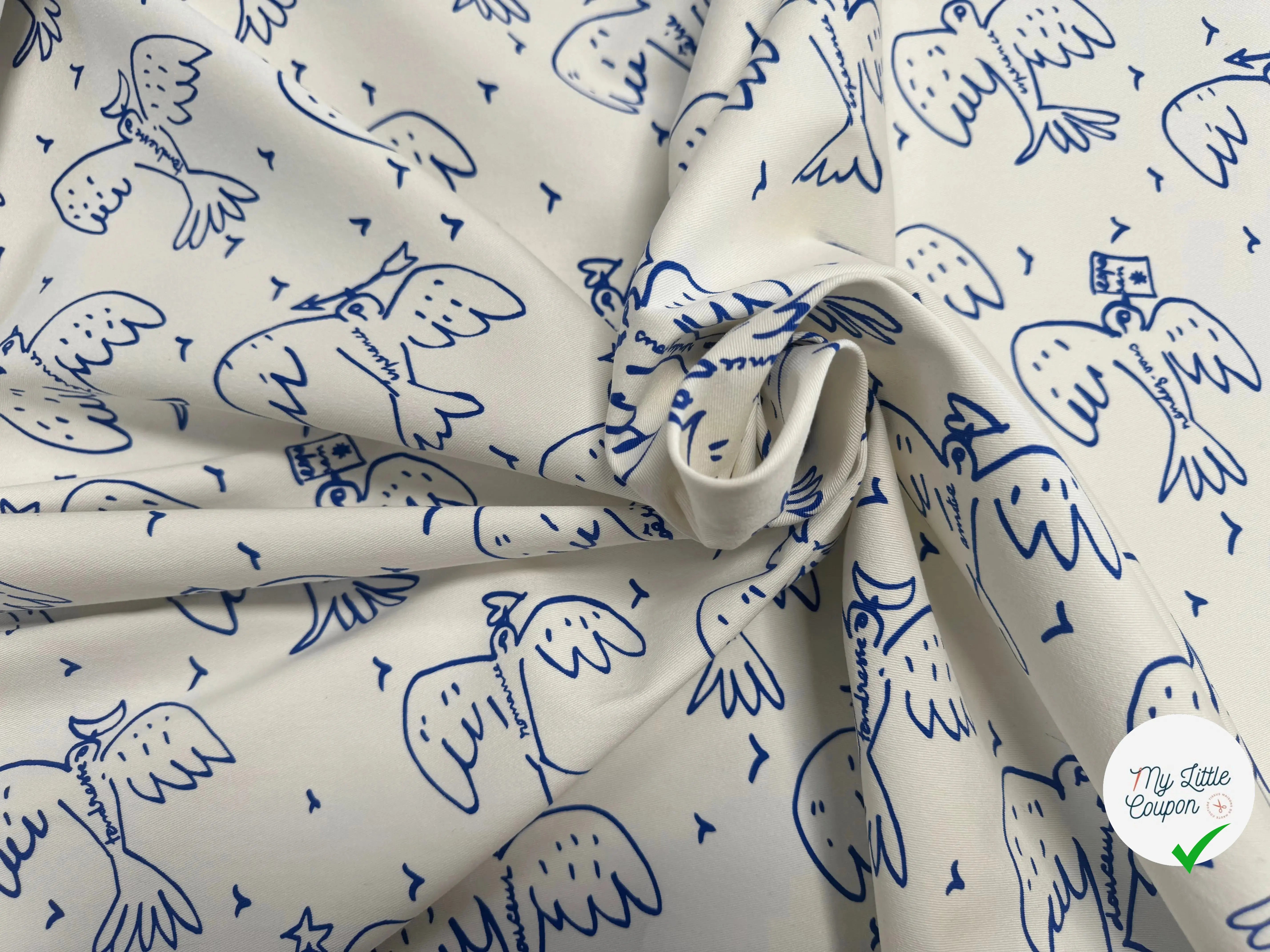GABARDINE STRETCH DE COTON BLANC CASSÉ OISEAU BLEU - My Little Coupon