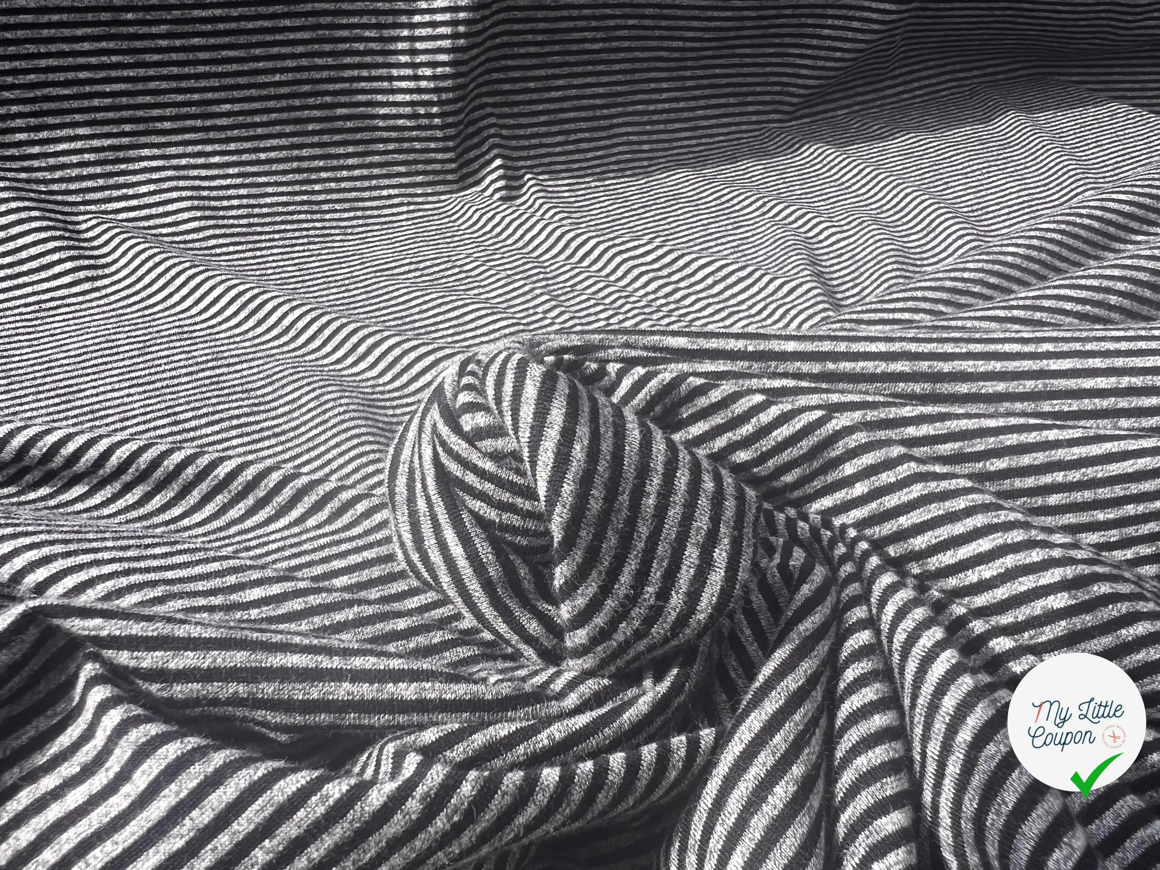 JERSEY DE COTON GRIS CHINÉ STRIPES NOIRES HORIZONTALES - My Little Coupon