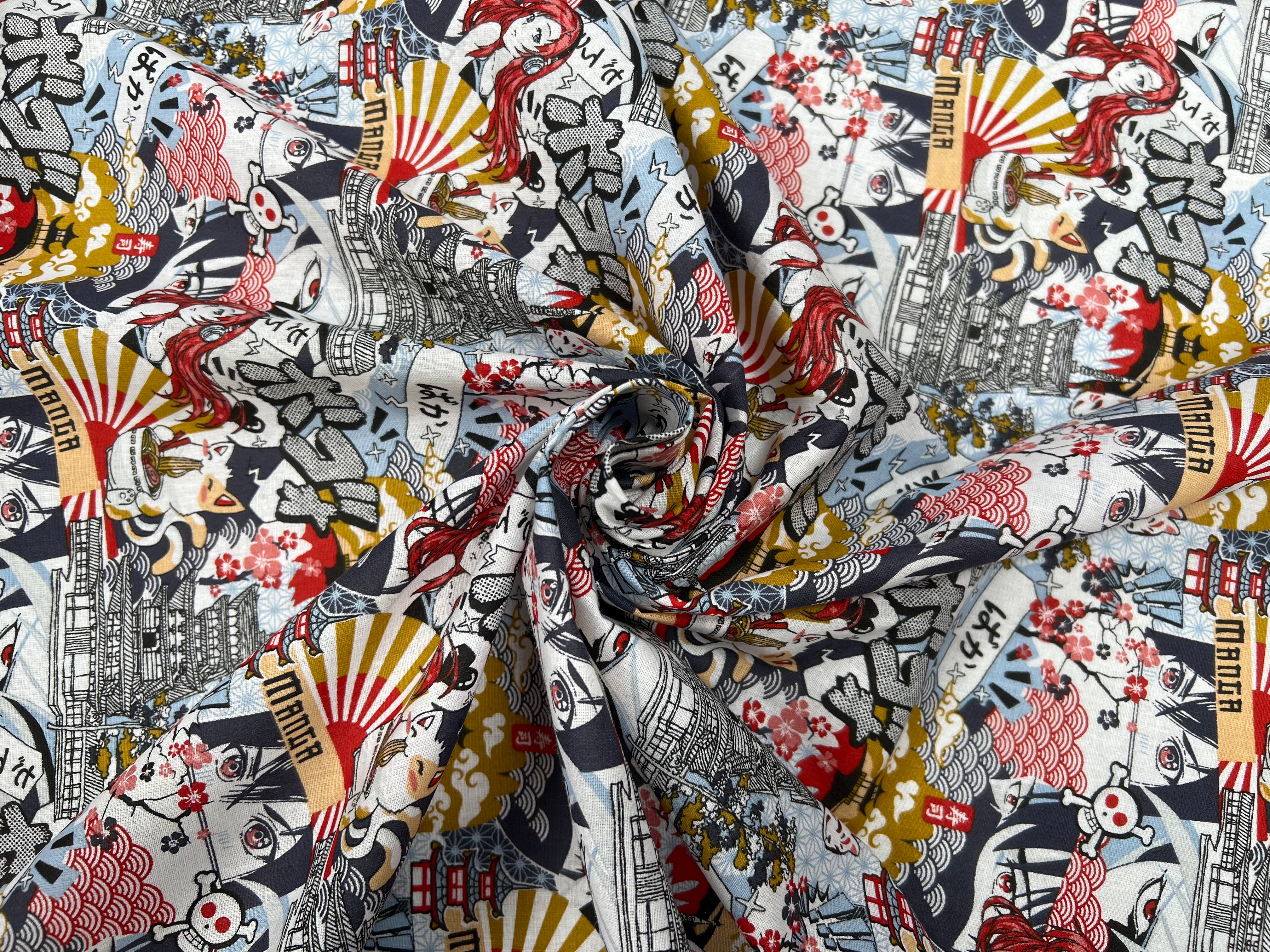 PERCALE DE COTON KAWAI ROUGE BLEU - My Little Coupon