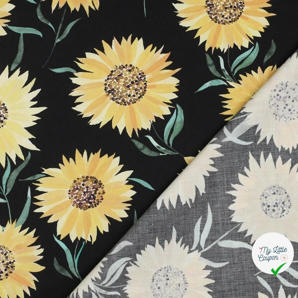 FINE POPLIN DIGITAL SUNFLOWERS – BLACK - My Little Coupon