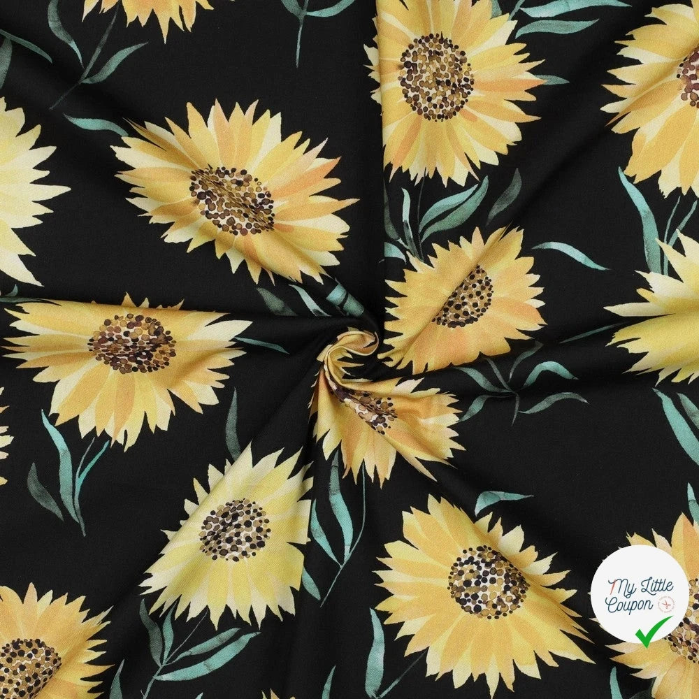 FINE POPLIN DIGITAL SUNFLOWERS – BLACK - My Little Coupon