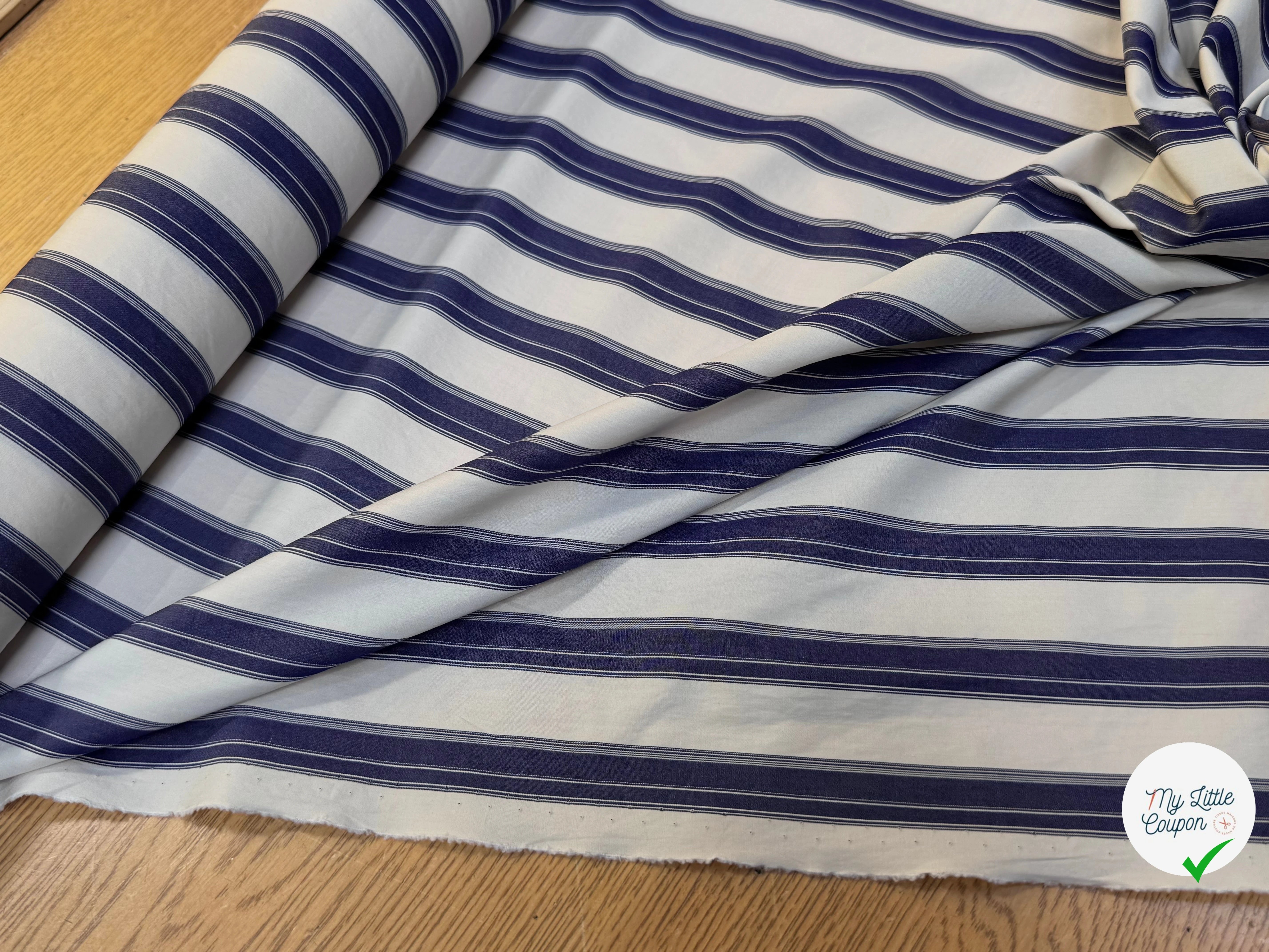(Chute) POPELINE DE COTON GROSSE RAYURE NAVY BLANC - My Little Coupon